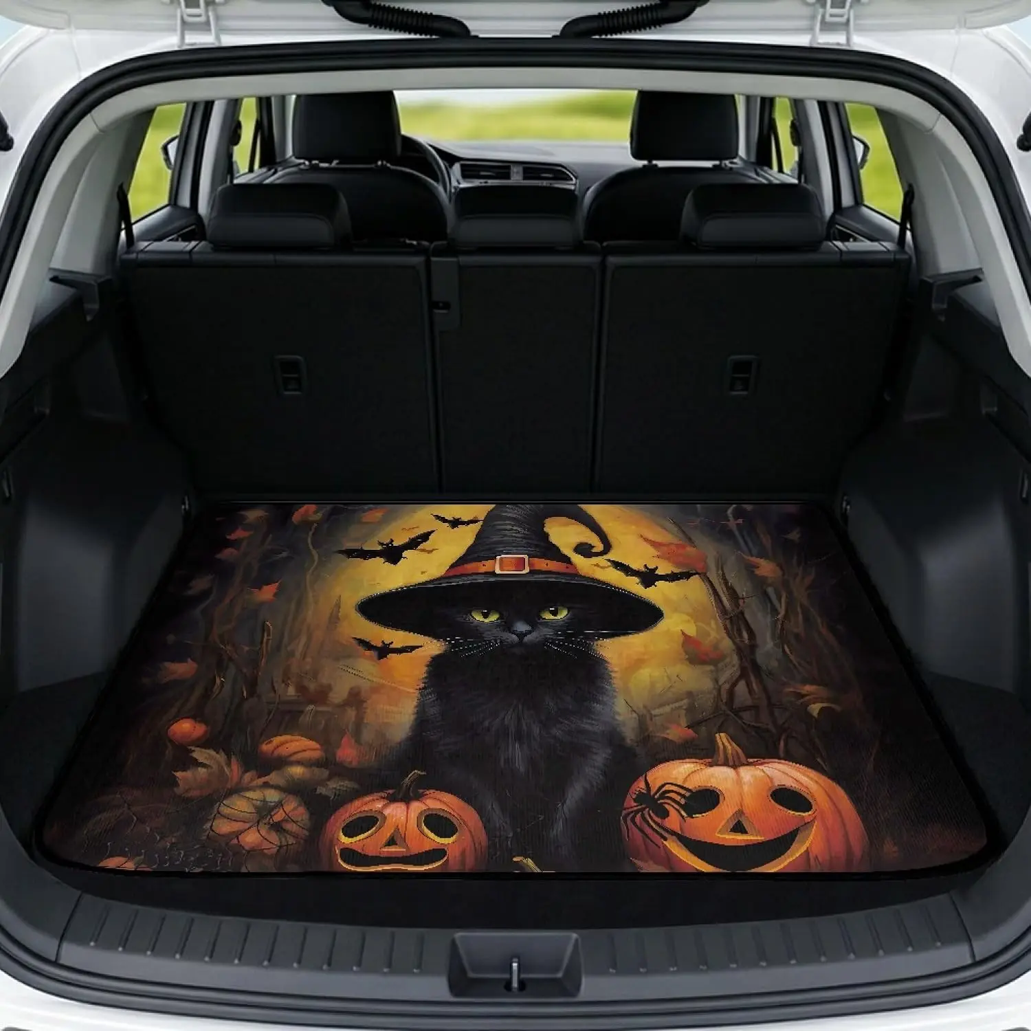Spooky Theme Black Cat-Pumpkin-Bat Print Car Trunk Mat, Durable Cloth Cargo Liner, Non-Slip All-Weather Rear Trunk Protection, Easy Install Easy to Clean for Most Cars Halloween Decoration
