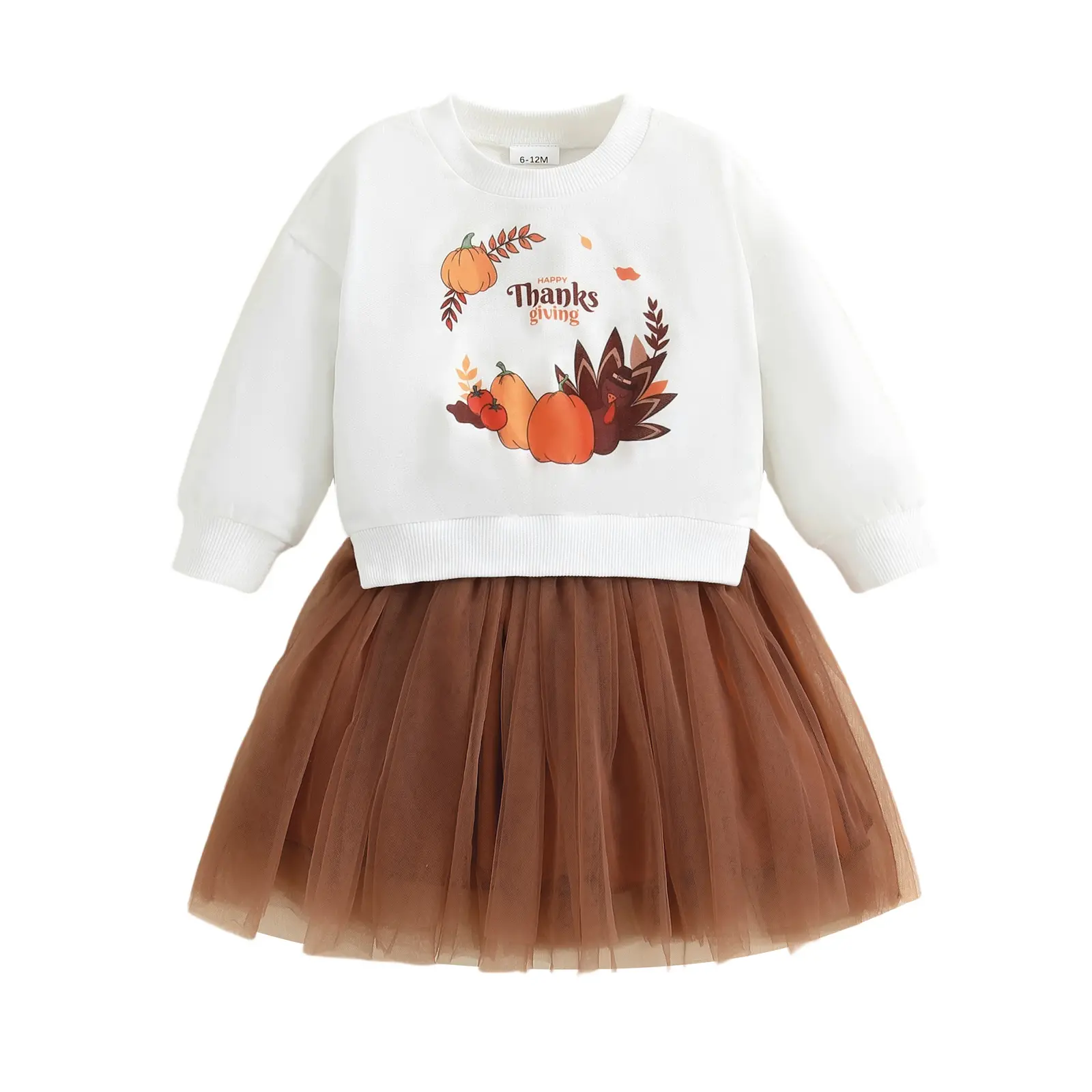 Baby Girls Fall Dress Long Sleeve Round Neck Pumpkin Print Tulle Dress Toddler Thanksgiving Outfit