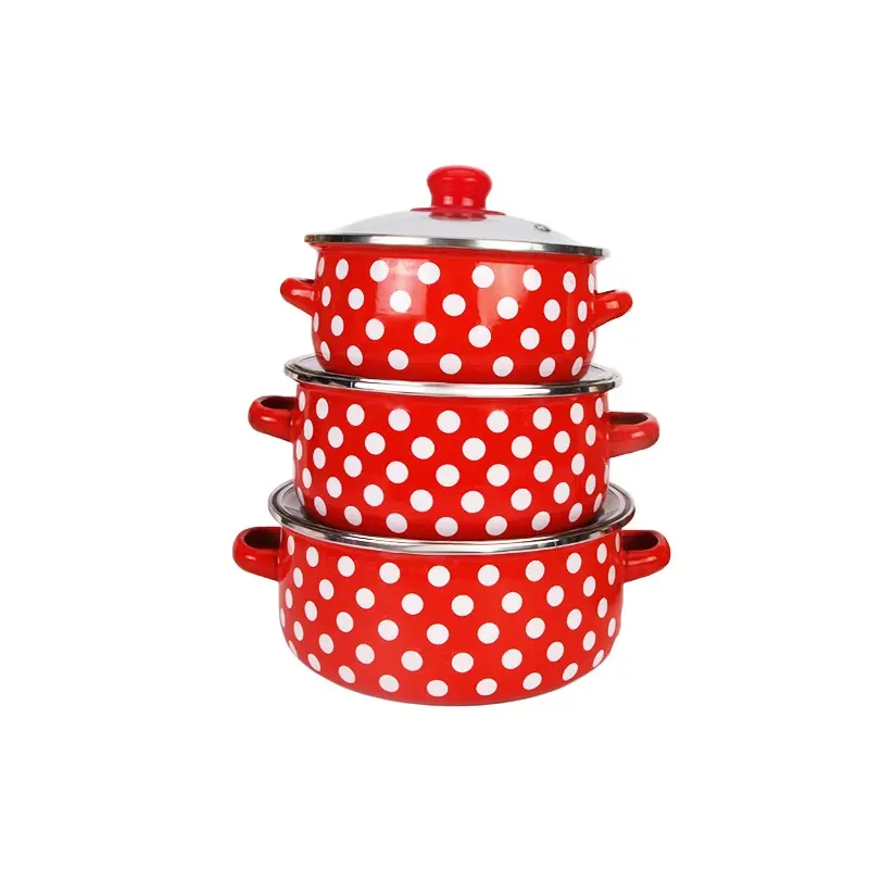 3pcs Base Dot Enamel Cookware Set, Soup Pot, Stew Pot, Handmade Kitchen Utensils, Home Decor, Gift for Holidays
