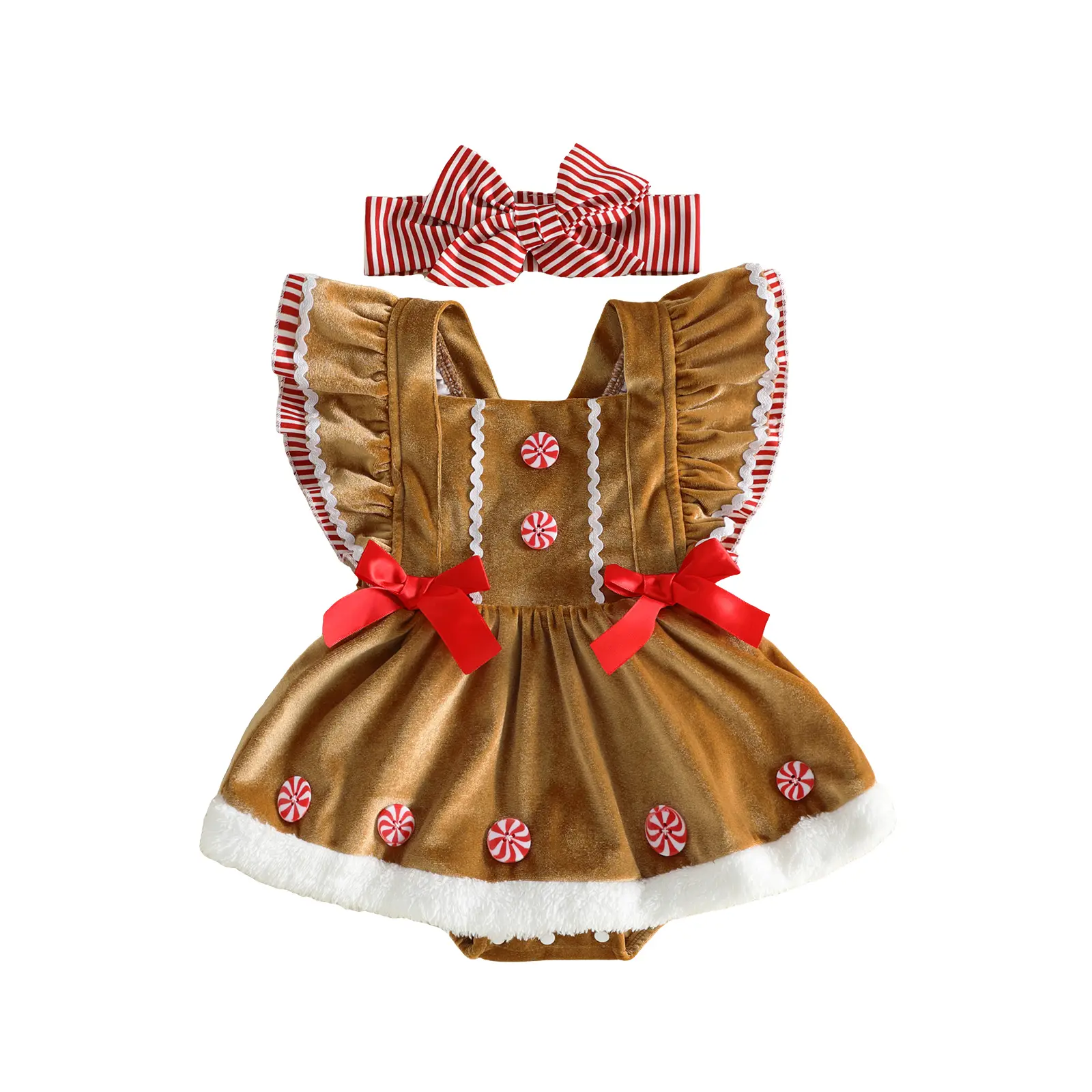 Babamoon Polyester Newborn Infant Baby Girl Christmas Romper, Gingerbread Man Cosplay Costume, Fly-Sleeve Furry Overalls Bodysuit
