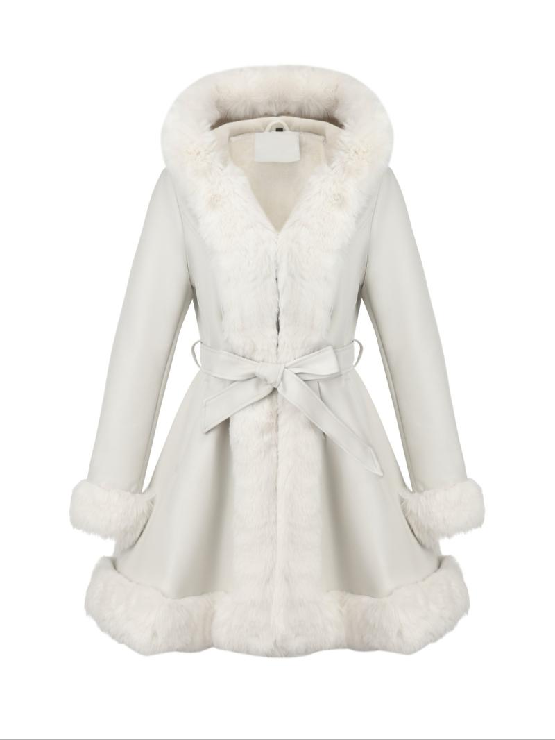 Women's Fall Winter PU Jacket, Long Sleeve Fitted Coat with Hood, Casual Warm Daily Wear, Detachable Belt Included Women's Fall Winter PU Jacket, Long Sleeve Fitted Coat with Hood, Casual Warm Daily Wear, Detachable Belt Included