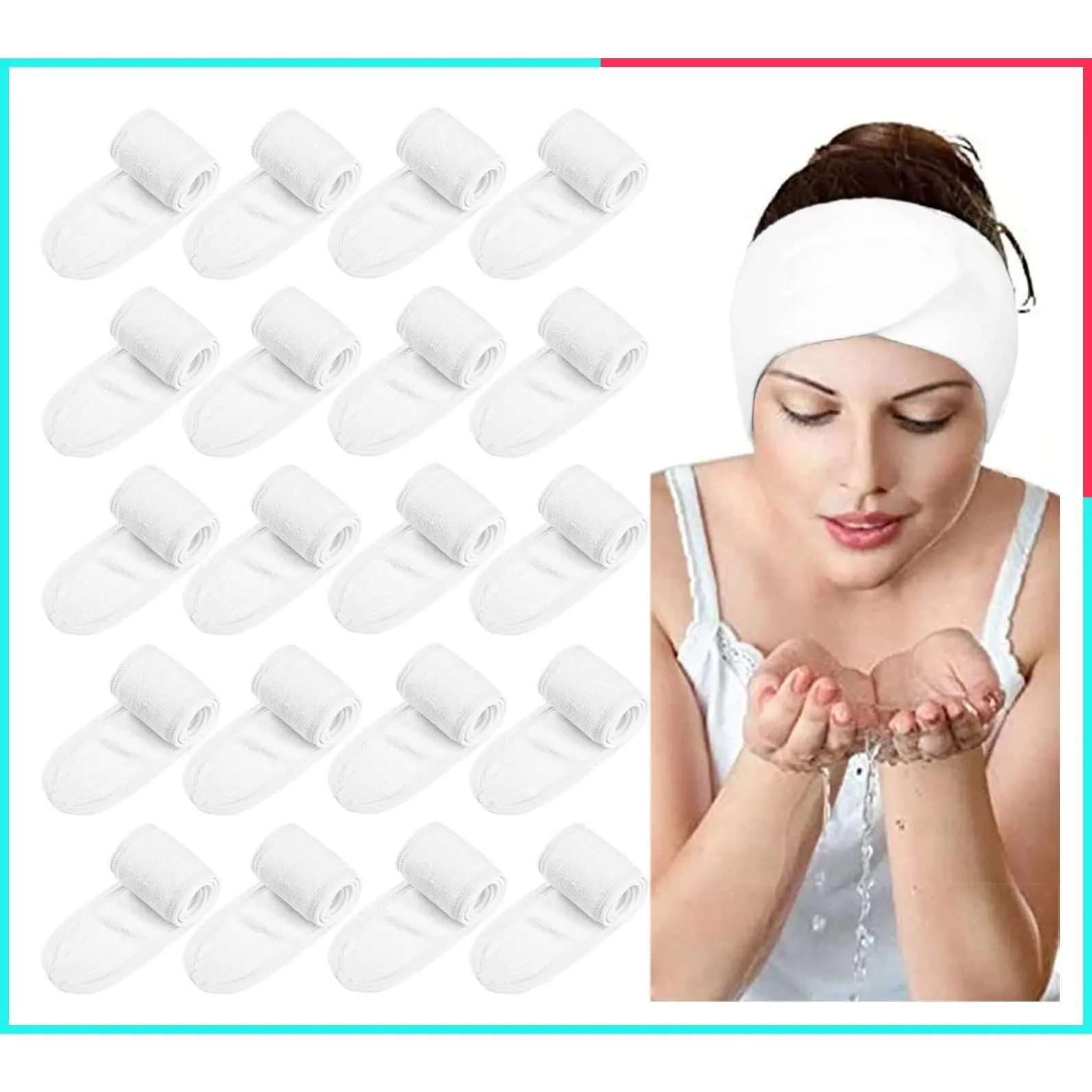 20 Pack Terry Cloth Facial Spa Headbands - Adjustable Stretch Towel Head Wraps with Magic Tape for Washing Face & Makeup, Soft Absorbent Headwear