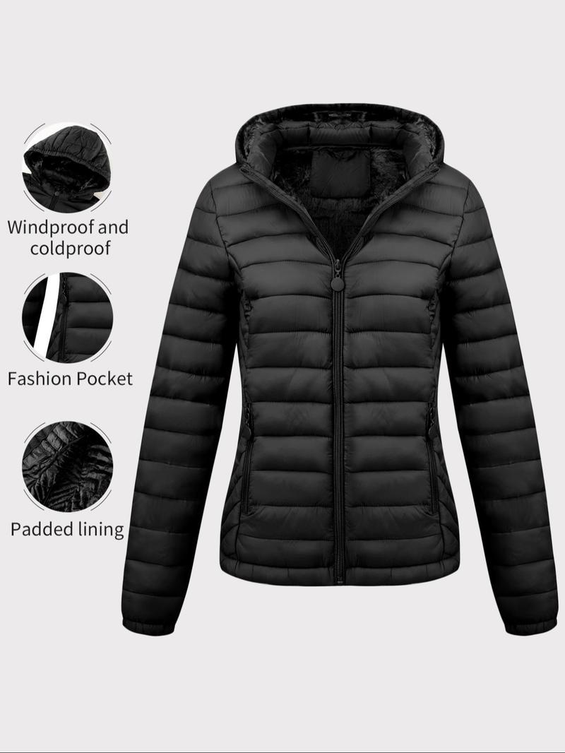Women's Winter Cotton Jacket, Casual Fitted Hooded Coat with Pockets, Warm Lightweight Commuter Outerwear for Fall & Winter