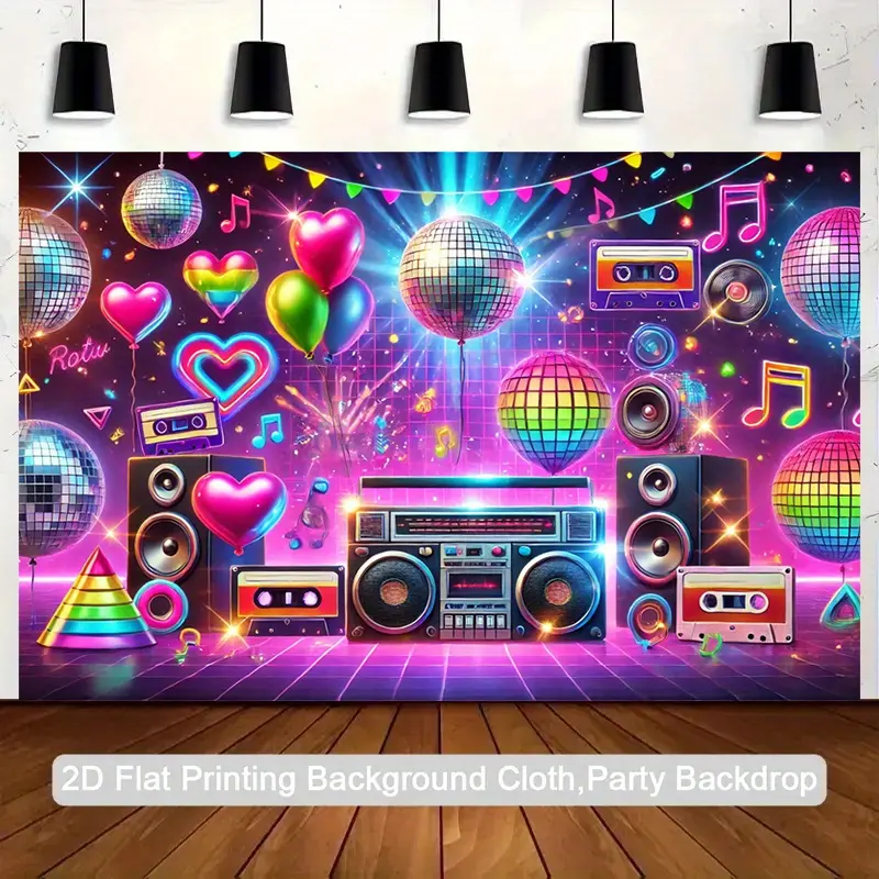 2D flat banner 1 piece 80s retro party backdrop - vibrant neon disco ball and tape design, polyester photo background cloth for indoor/outdoor events, birthday and anniversary decorations