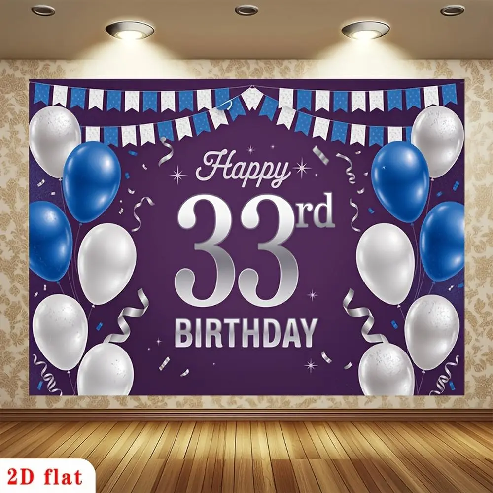 2D Flat, 2D Flat - 2D Flat, 2D Flat - 1pc Happy 33Rd Birthday Banner | Royal Blue And Silver Balloons, Purple Backdrop Polyester, Ideal For Party Decor In Garden, Farm, Club, Home, Room, No Electricity Required