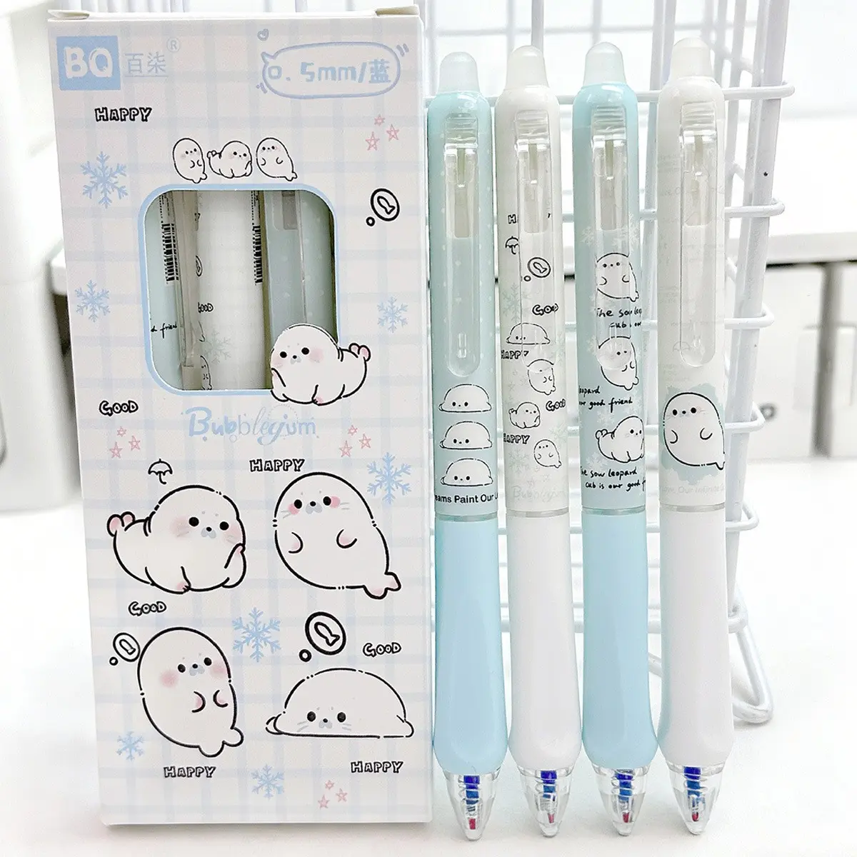 4-Pack 0.5mm Erasable Neutral Pens, Blue/ Black Ink, Creative Seal Design, Office Notebook Use, Quick-Dry Signatures, Student Stationery Set