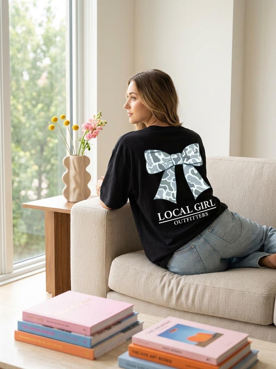 Local Girl Outfitters Camo Bow T-Shirt, Cute Oversized Southern Graphic Tee with Blue Camo Print, Trendy Country Girl For Fall, Rodeo, Or Hunting Seas Sweatshirt, Hoodie, Comfort Colors