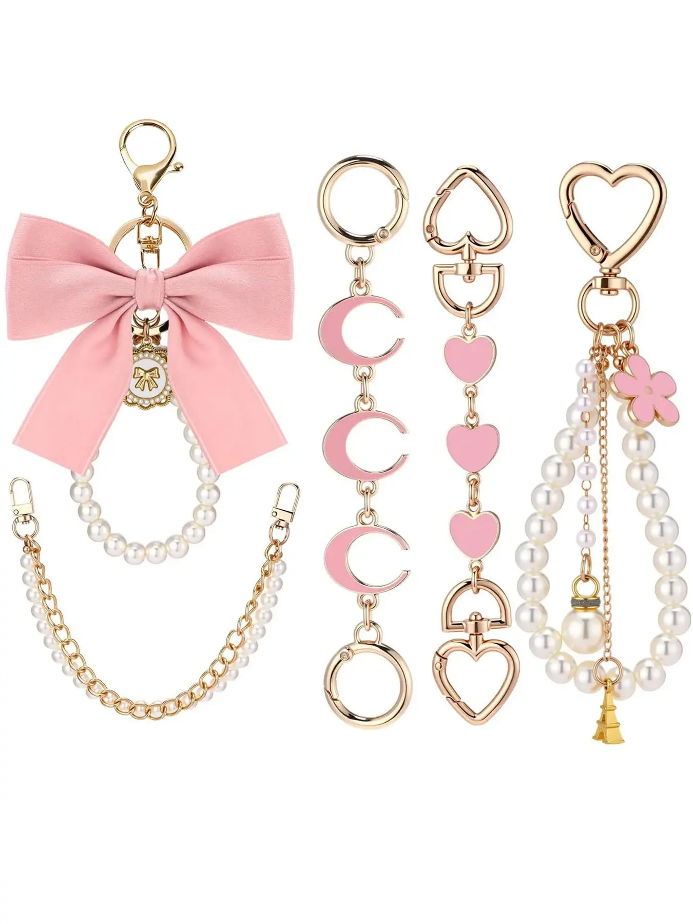 5-Piece Set: Bag Extender Chain, Gold Pearl Bag Chain, Ribbon Bow Keychain, Bag Extension Strap, Handbag Charm Accessories, Trendy Bag Charms, Fashion Bag Charms, Cute Bag Charms, Tote Bag Charms