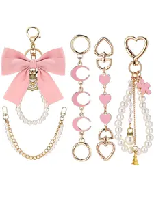 5-Piece Set: Bag Extender Chain, Gold Pearl Bag Chain, Ribbon Bow Keychain, Bag Extension Strap, Handbag Charm Accessories, Trendy Bag Charms, Fashion Bag Charms, Cute Bag Charms, Tote Bag Charms