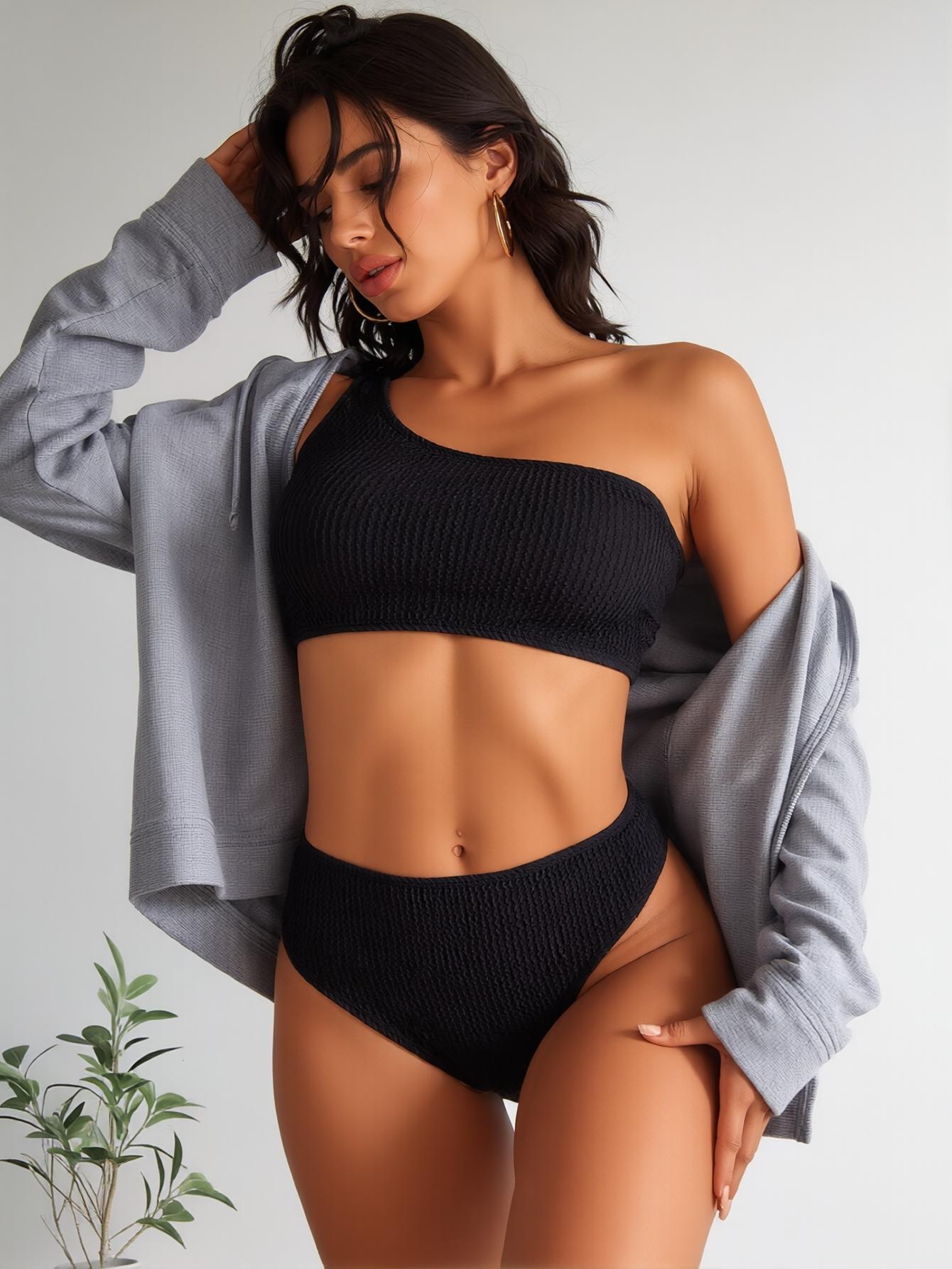 Black Textured One-Shoulder High Waisted Bikini Set – Tummy Control Two Piece Swimsuit