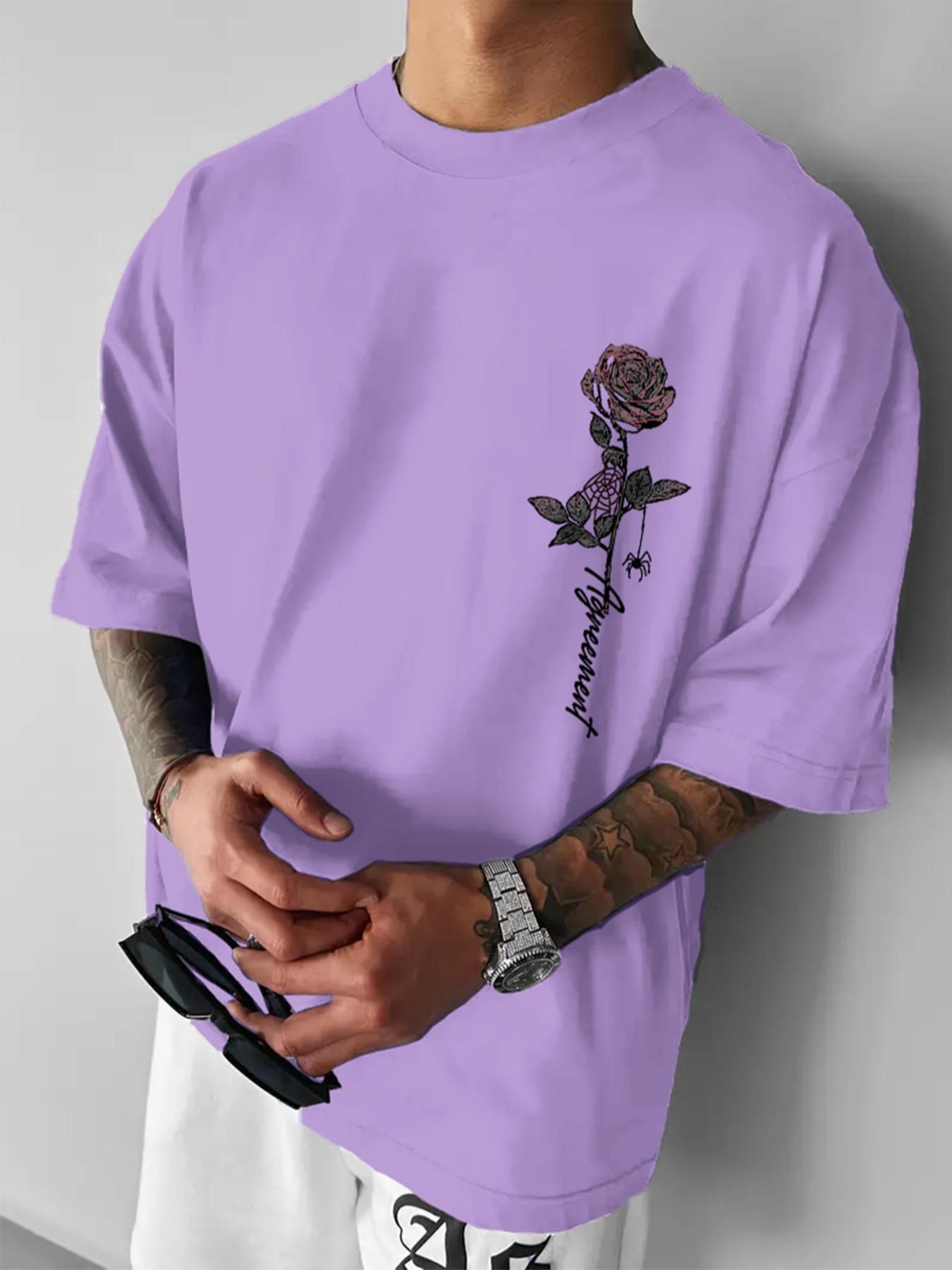Men's Rose & Athletic Letter Print Round Neck Tee, Loose Casual Fashion Short Sleeve T-shirt for Summer, Men's Top for Daily Wear