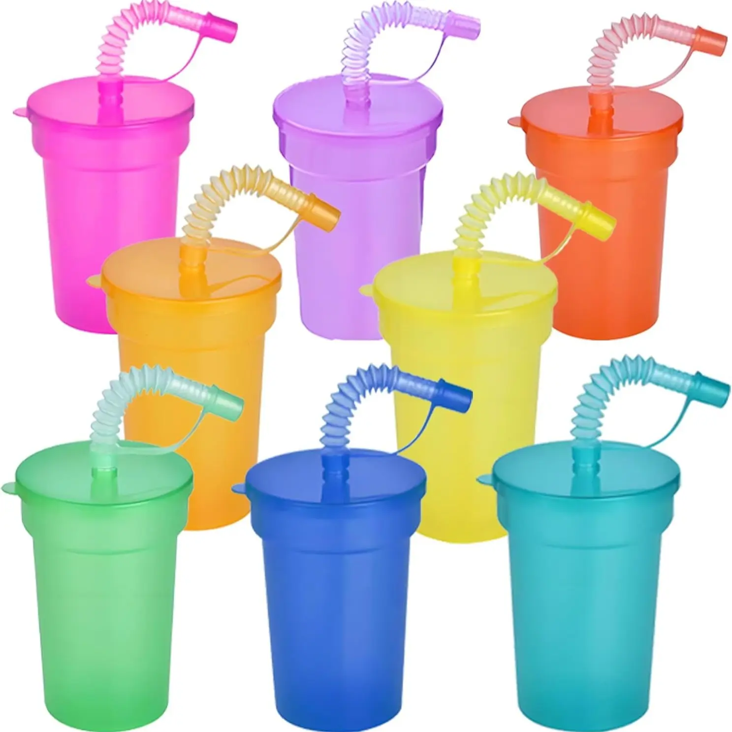 Plastic Kids Party Cups with Lids and Straws, 10-Pack 12oz Neon Straw Cups, Colorful Party Gift Cups, Ideal for Birthdays, Holidays, Events