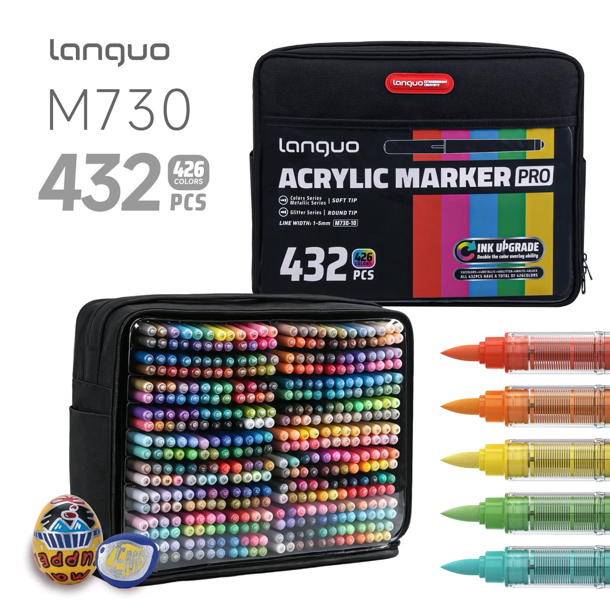 Languo Acrylic Marker Pen Set, 432 Pieces, Enhanced Ink Coverage, Non-Blotting, Multi-Material Use, Fabric Storage Bag Included
