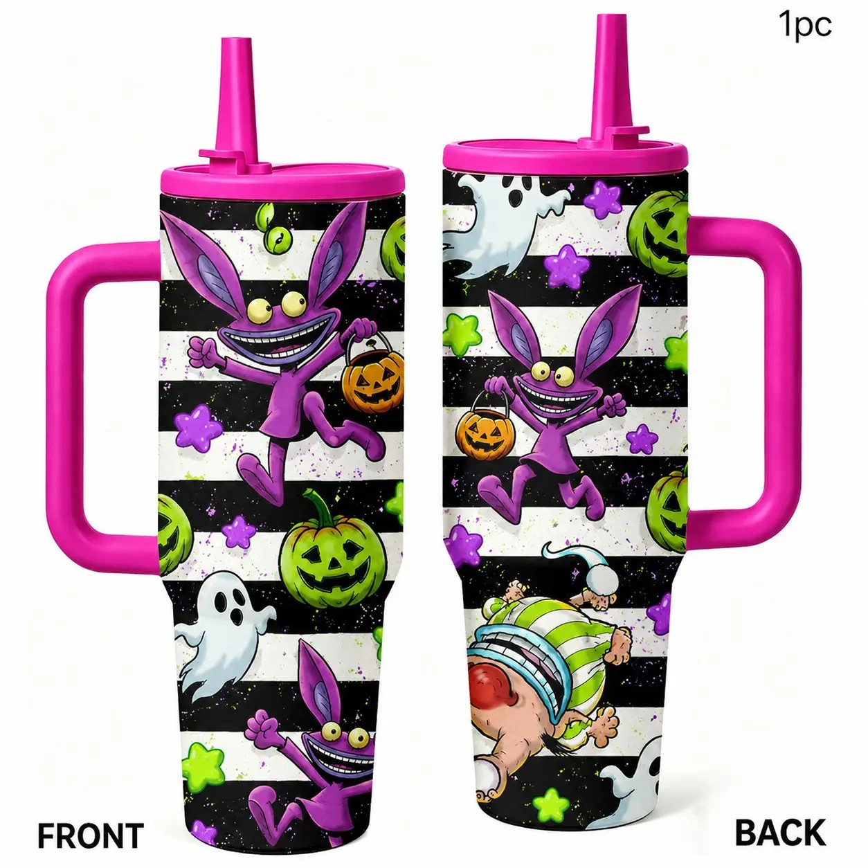 1PC 40oz Purple Creepy Rabbit Pumpkin Ghost Halloween Insulated Tumbler with Handle & Straw, Leak-Proof Lid, Double Wall Vacuum Stainless Steel Travel Mug, Hot 12H Cold 24H, Large Capacity Cup for Men and Women, Halloween Gift