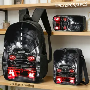 Car-Themed Functional Bags Bundle - 3-in-1 Backpacks, Anti-Shock, Dustproof, Feather Light, Flexible Waterproof Black-Red Backpack, Shoulder Bag, Storage Pouch (1-Piece or 3-Piece Set) with High-Performance Sedan Tunnel Graphic, Red Taillights, Anti-Shock