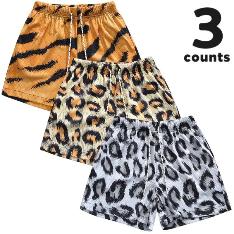 Y2K Men's 3-Pack Bold Animal Print Cargo Shorts - 7 Wild Patterns Including Leopard, Tiger, Cow Print & Paisley - Lightweight Quick-Dry Summer Beach Board Shorts with Elastic Waist & Drawstring - Streetwear Fashion for Raves, Festivals, Outdoor Activities