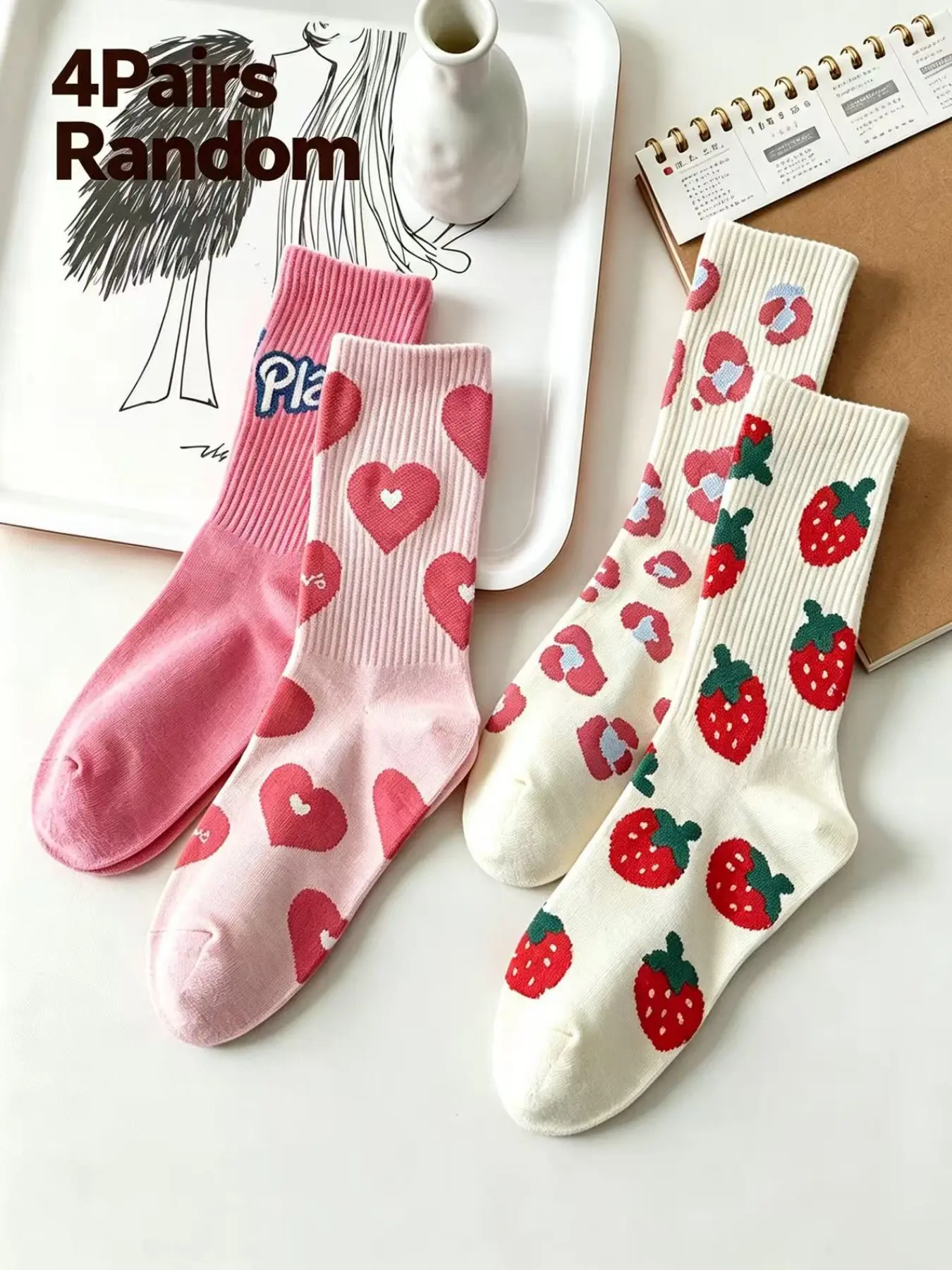 4 Pairs Random Strawberry & Big Heart Print Ribbed Crew Socks, Pink Sweet Fruit Graphic Stackable Mid Calf Socks, Elastic Breathable Cute Casual Socks for Teen Girls Women Campus Daily Sweet Outfits