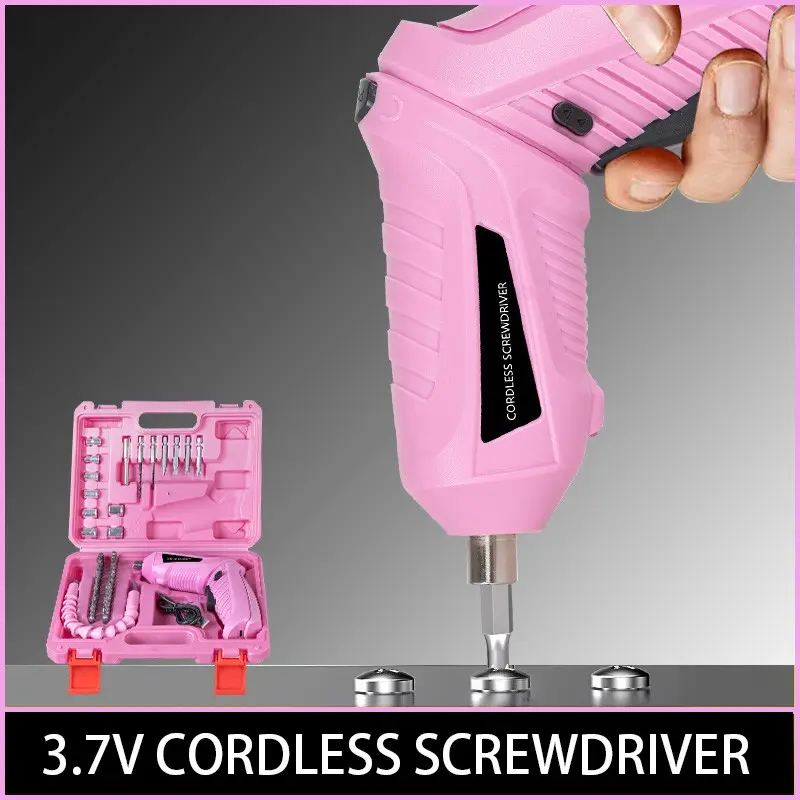 Pink Rechargeable Electric Screwdriver Set, 47pcs Foldable Cordless Screwdriver Kit with USB Charging, Perfect for Home Furniture Assembly & Quick Repairs