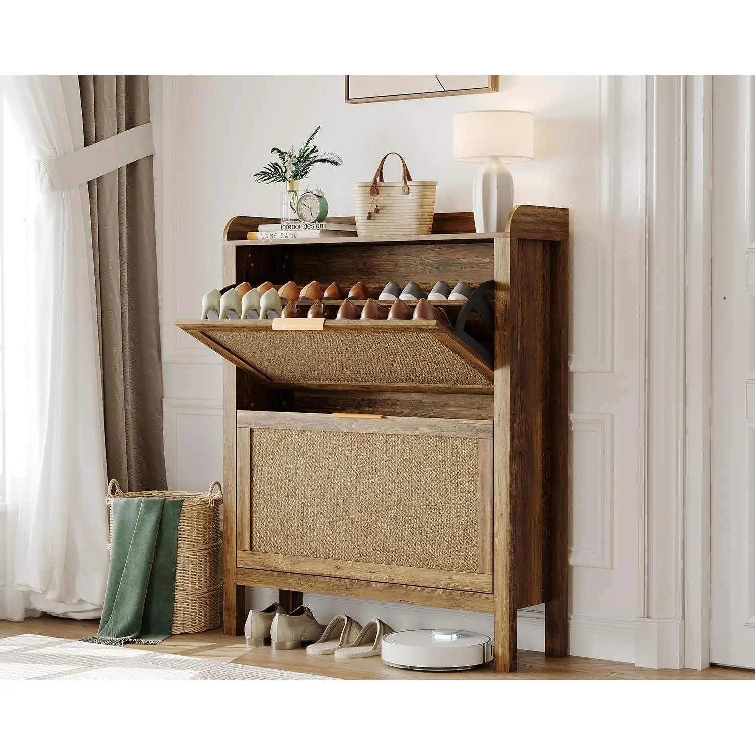 Farmhouse Rattan Wood Shoe Cabinet - 32" Narrow Shoe Storage Racks with 2 Flip-Down Drawers, Adjustable Shelves, Entryway Room Accessories Organizer, Brown