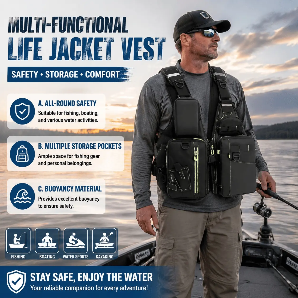 Multi-Functional Life Jacket Vest for Adults & Kids with Buoyancy Material Storage Pockets Waterproof Floating Fishing Water Sports Safety Gear Outdoor Activities