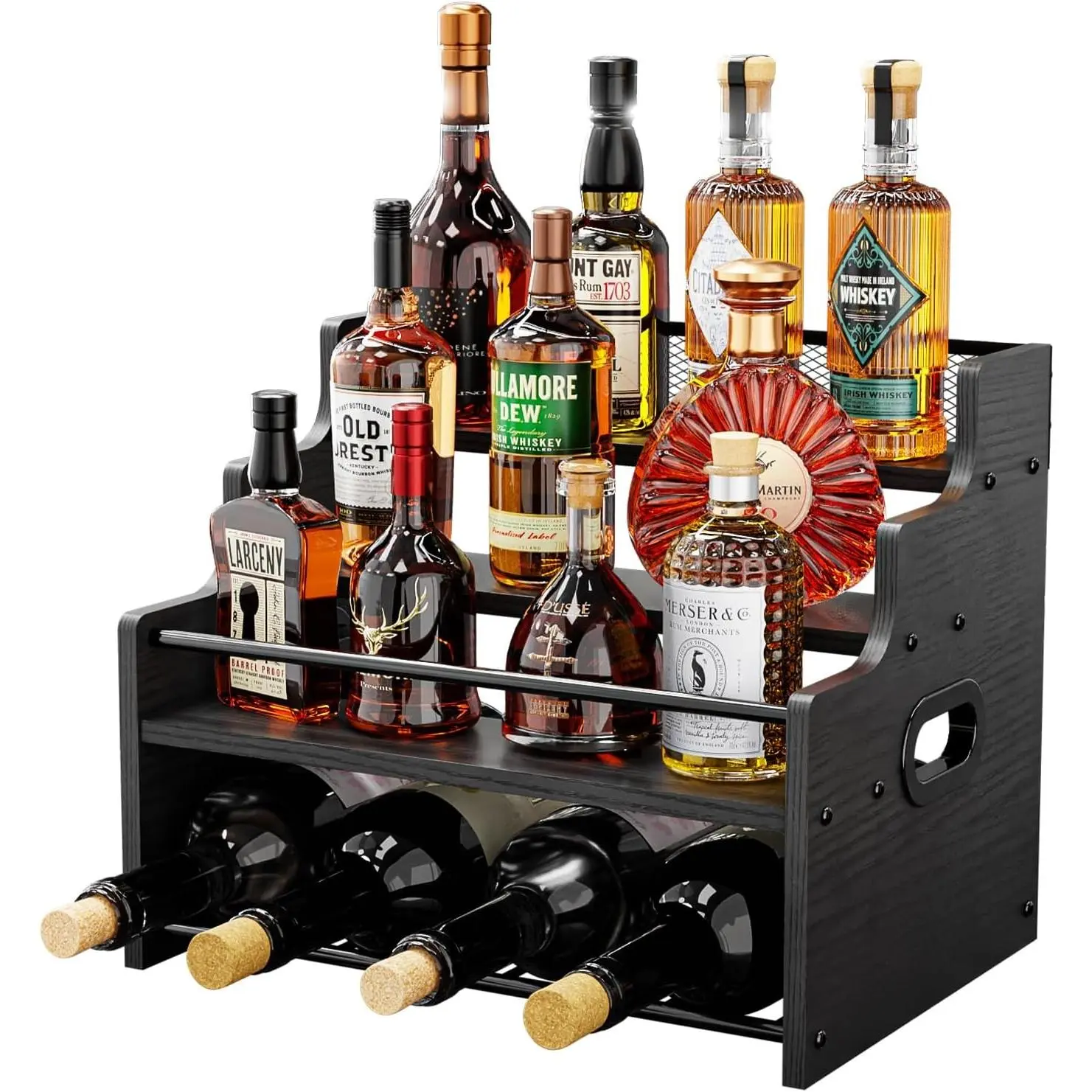Black Modern 4-Tier Wooden Multi-Tiered Display Shelf, Countertop Single Unit Bar Stand Organizer for Liquor, Coffee Syrup (Requires Assembly)