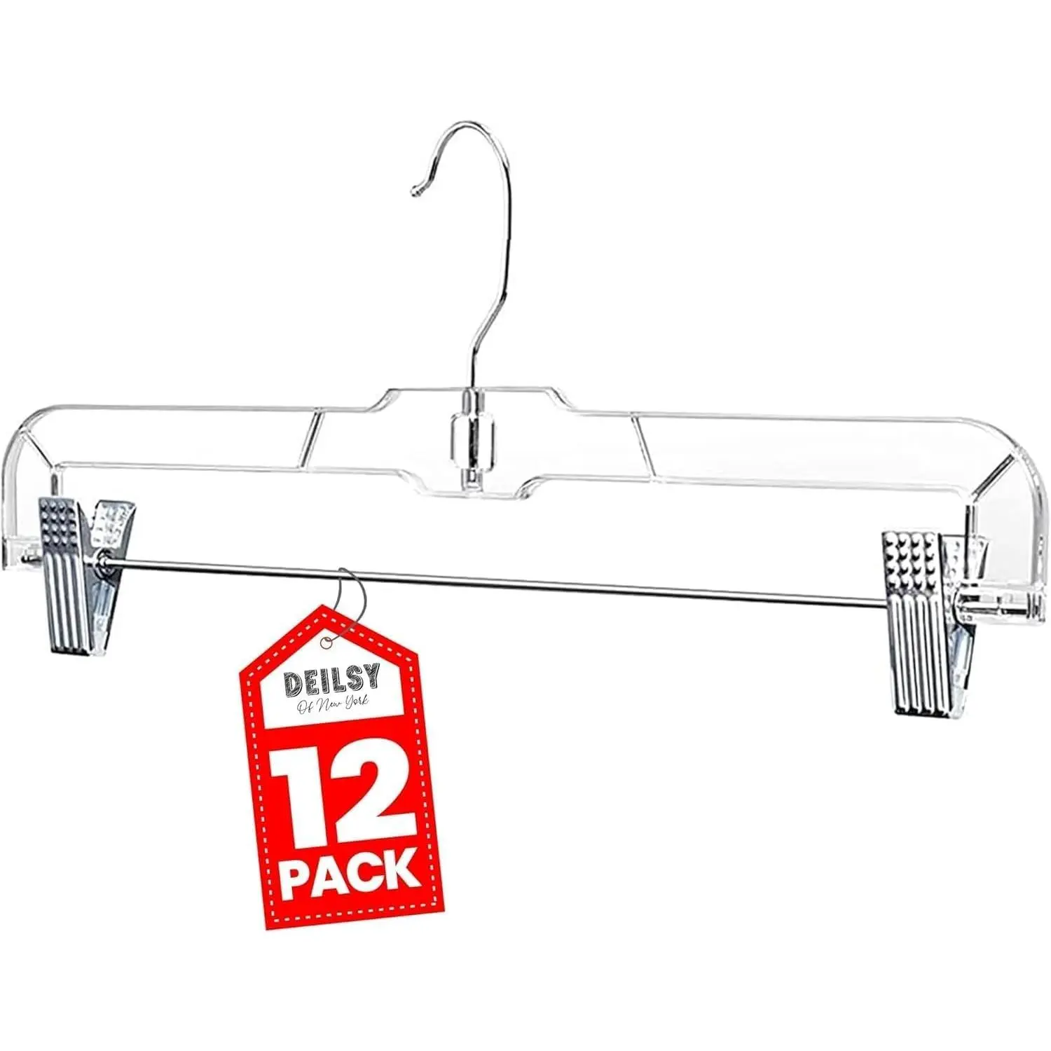 Pants Hangers with Clips 12 Pack – 14 Inch Clear Plastic Skirt Hangers, 360° Swivel Hook, Clip Hangers for Pants, Skirts, Jeans, Shorts & Trousers – Space Saving, Non-Slip