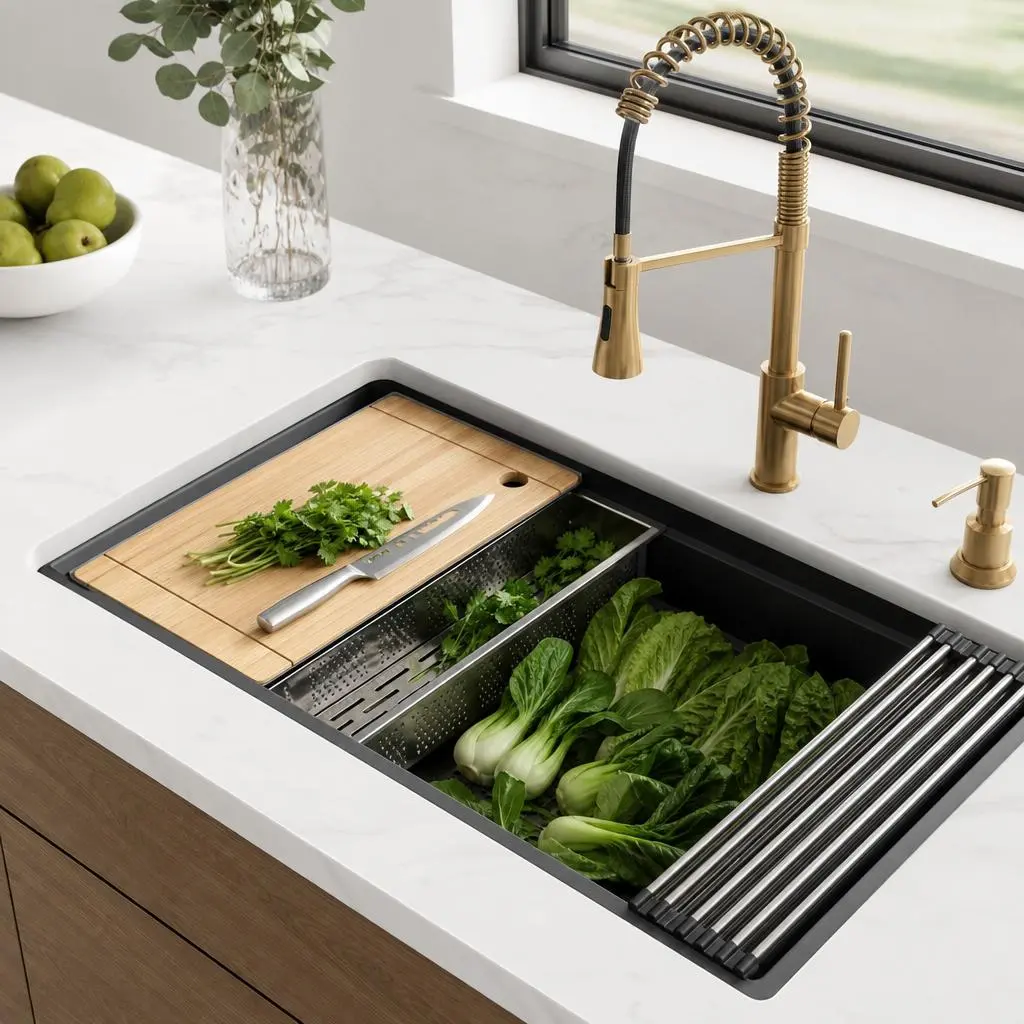 30 Inch Black Workstation Kitchen Sink - T-304 Stainless Steel Single Bowl Undermount Kitchen Sink with Cutting Board, Colander, Roll Up Rack, Bottom Grid