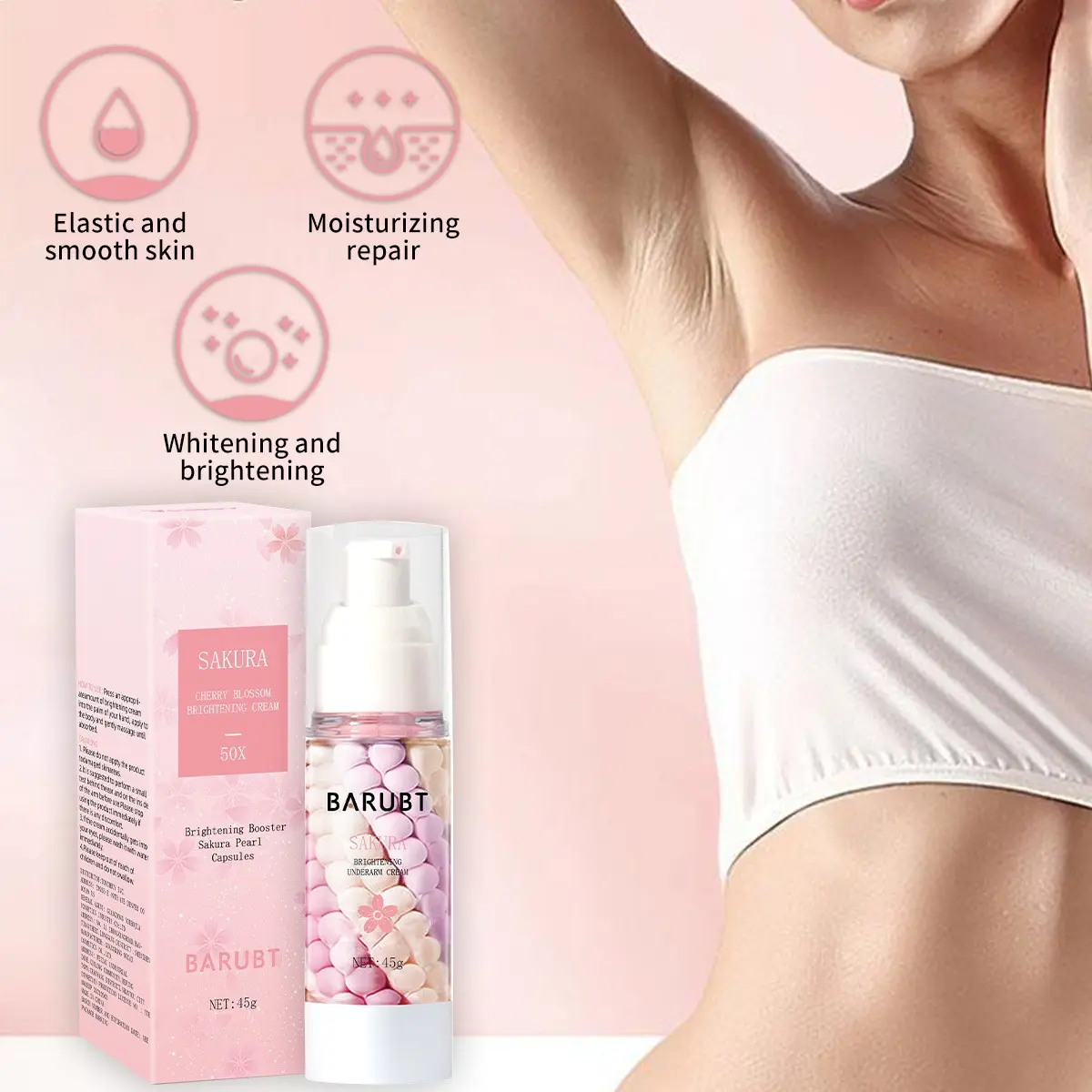 Barubt Cherry Blossom Underarm Brightening Cream, Melanin Reduction, Hydrating Moisturizing Body Care Lotion, Skin Whitening Treatment, Deep Moisturizing Formula