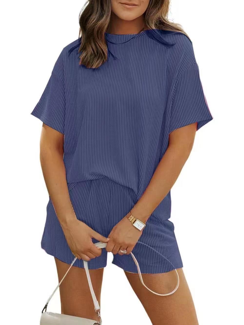 Women's Ribbed Textured Lounge Shorts Set - Short Sleeve Pajamas with Pockets - Mother's Day Gift