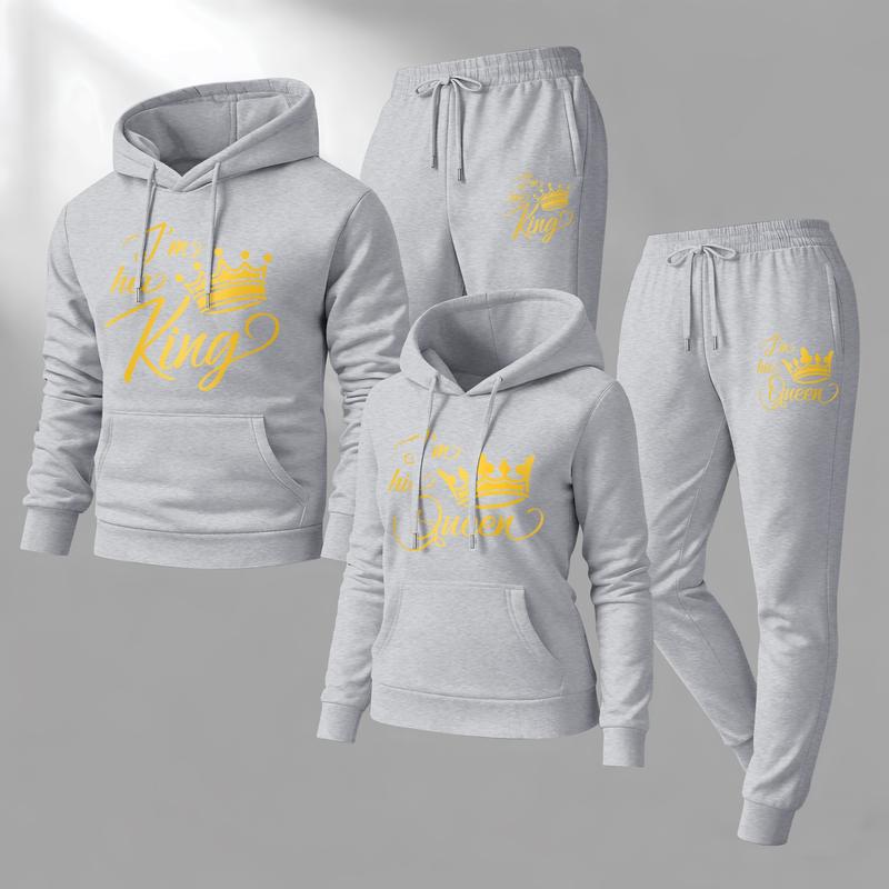 Couple's King & Queen Print Hooded Sweatshirt and Drawstring Sweatpants Set, Casual Sportswear, Long-Sleeve Hooded Jacket and Pants, Suitable for Autumn and Winter, Everyday Wear, Tracksuit, Casual Athletic Wear