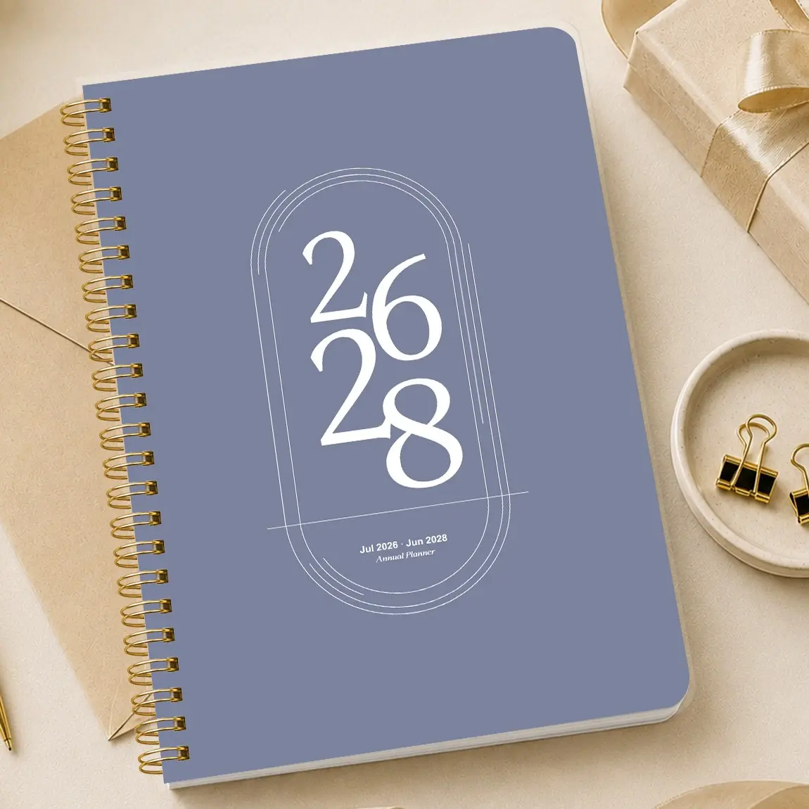 A5 Monthly Planner Notebook, Student Planner, 24-Month Calendar Handbook, Blue Minimalist Cover, Wire Binding, Includes Notes Page