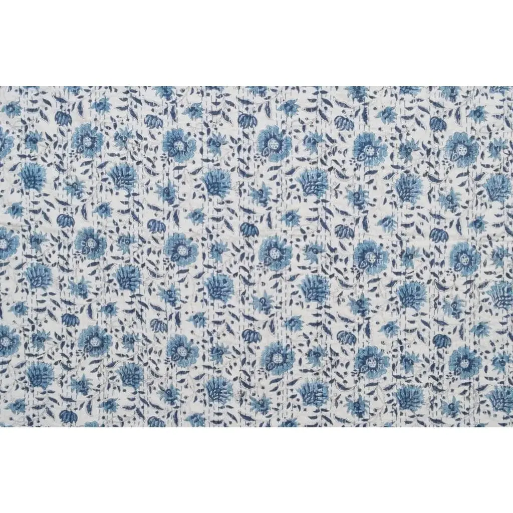 Indian Handmade Kantha Quilt New Beautiful Floral Print Bed Cover Throw Twin Cotton Blanket Gudari (Blue&White)