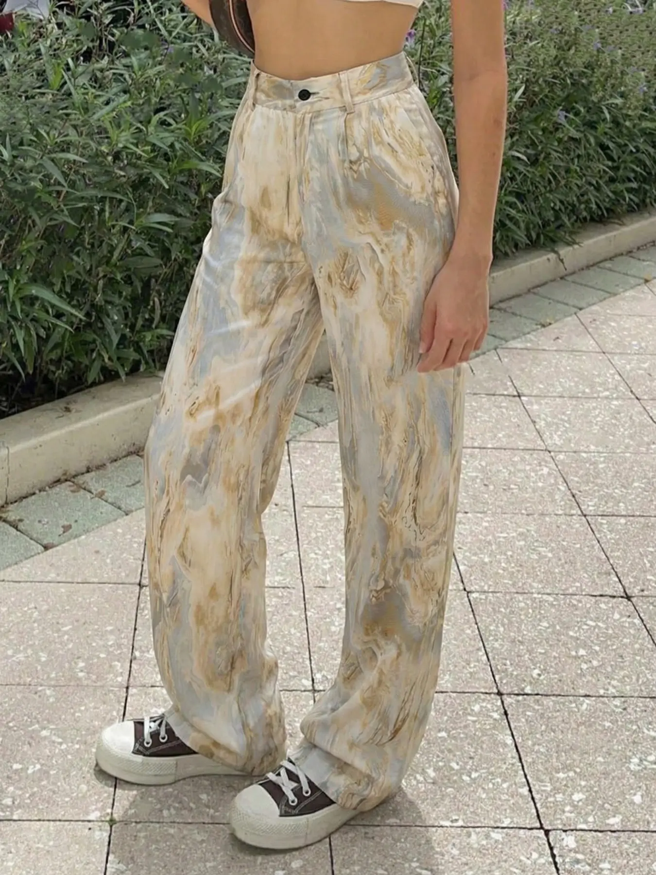 Marble Print High Waist Wide Leg Trousers, Women's Button Fly Tailored Dress Pants, Side & Back Pockets, Elegant Satin Flow Bottoms