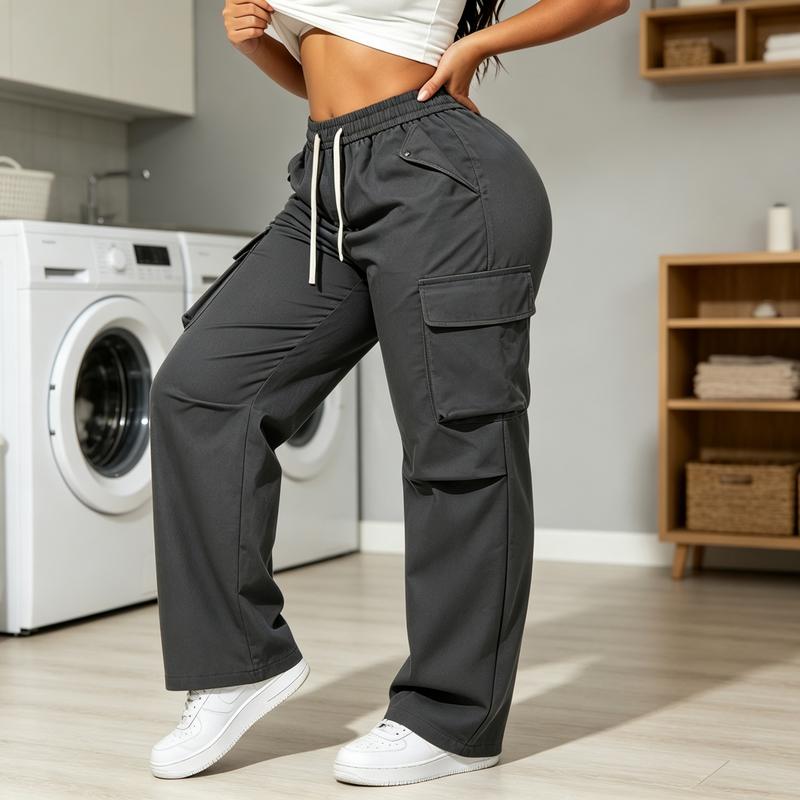 Women's Loose-Fit Elastic Drawstring Joggers - Activewear Sports Cargo Trousers with Multi Pockets, Slogan Print, Utility Design, Street Chic Style, Cold Machine Washable for Urban Strolls, Daily Casual Outfits