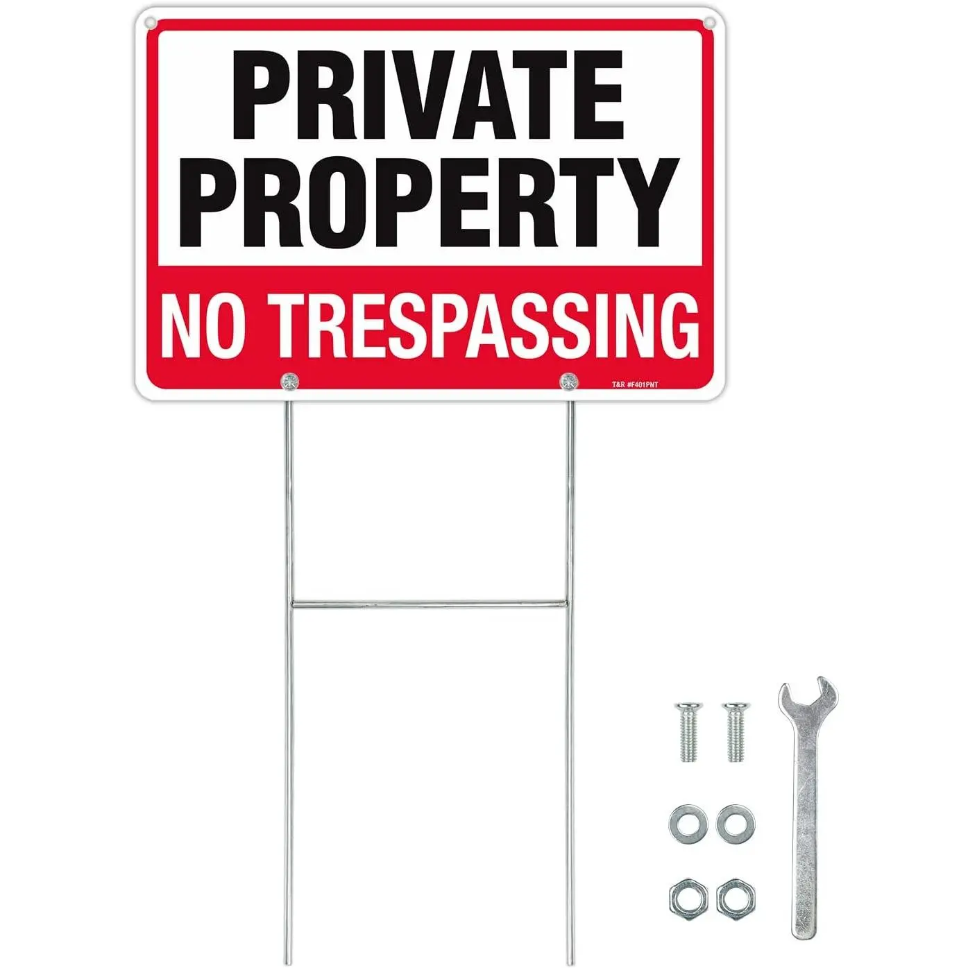 1 Pack 12 x 8 in Rust-Free Steel Weatherproof No Trespassing Private Property Sign with H-Stake, .040 Heavy Material, Matching Screws & Wrench for Easy Outdoor Mounting, High Contrast, Property Warning