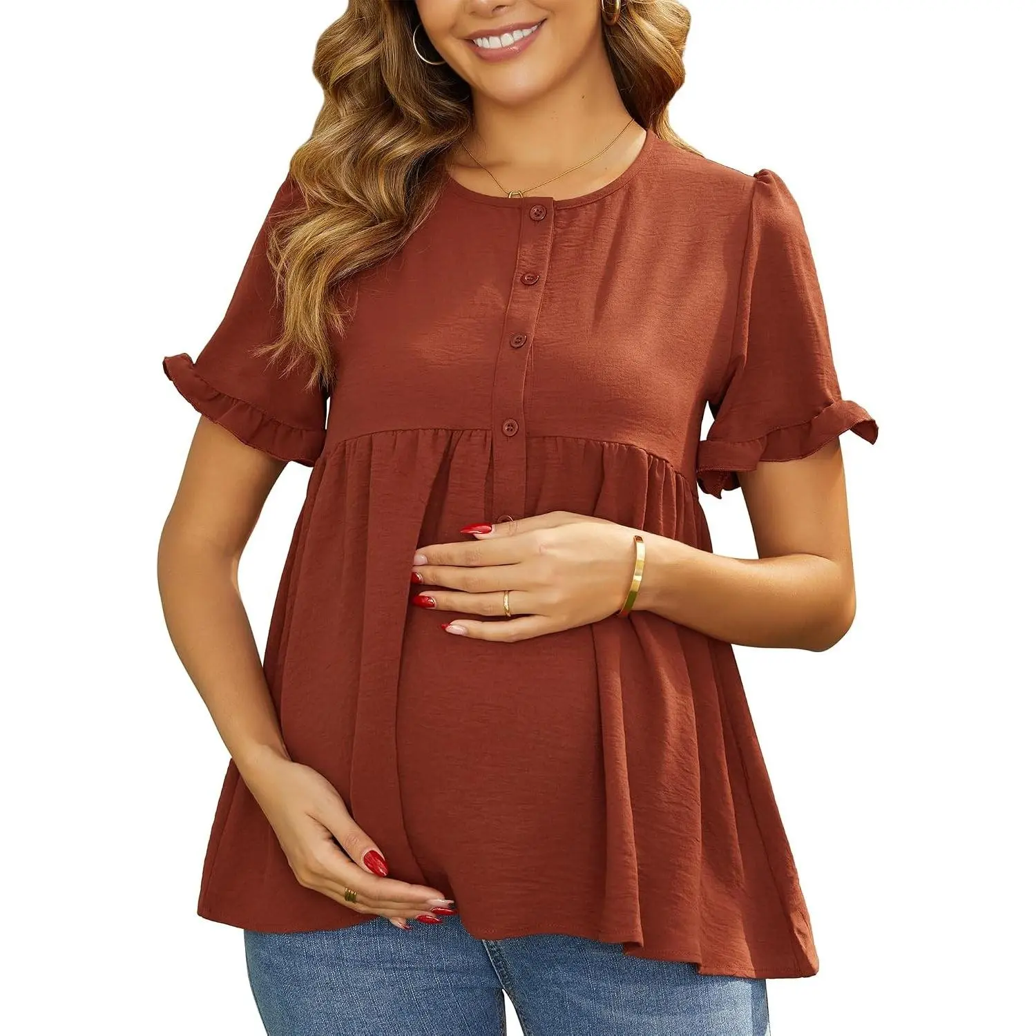 Women's Maternity Work Blouse Short Sleeve Peplum Tops | Lightweight Soft Breathable Maternity Blouse with Round Ruffle Sleeves & Pleated Peplum Hem