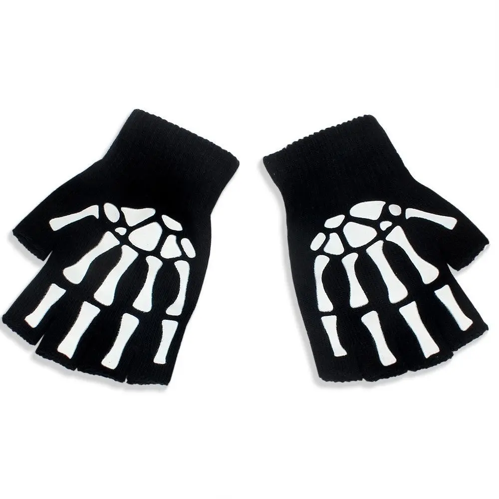 Halloween Glow-In-The-Dark Half-Finger Skull Gloves, Prank Props, Cosplay Photo Props, Larp Party Fun Items, Stage Performance Accessories