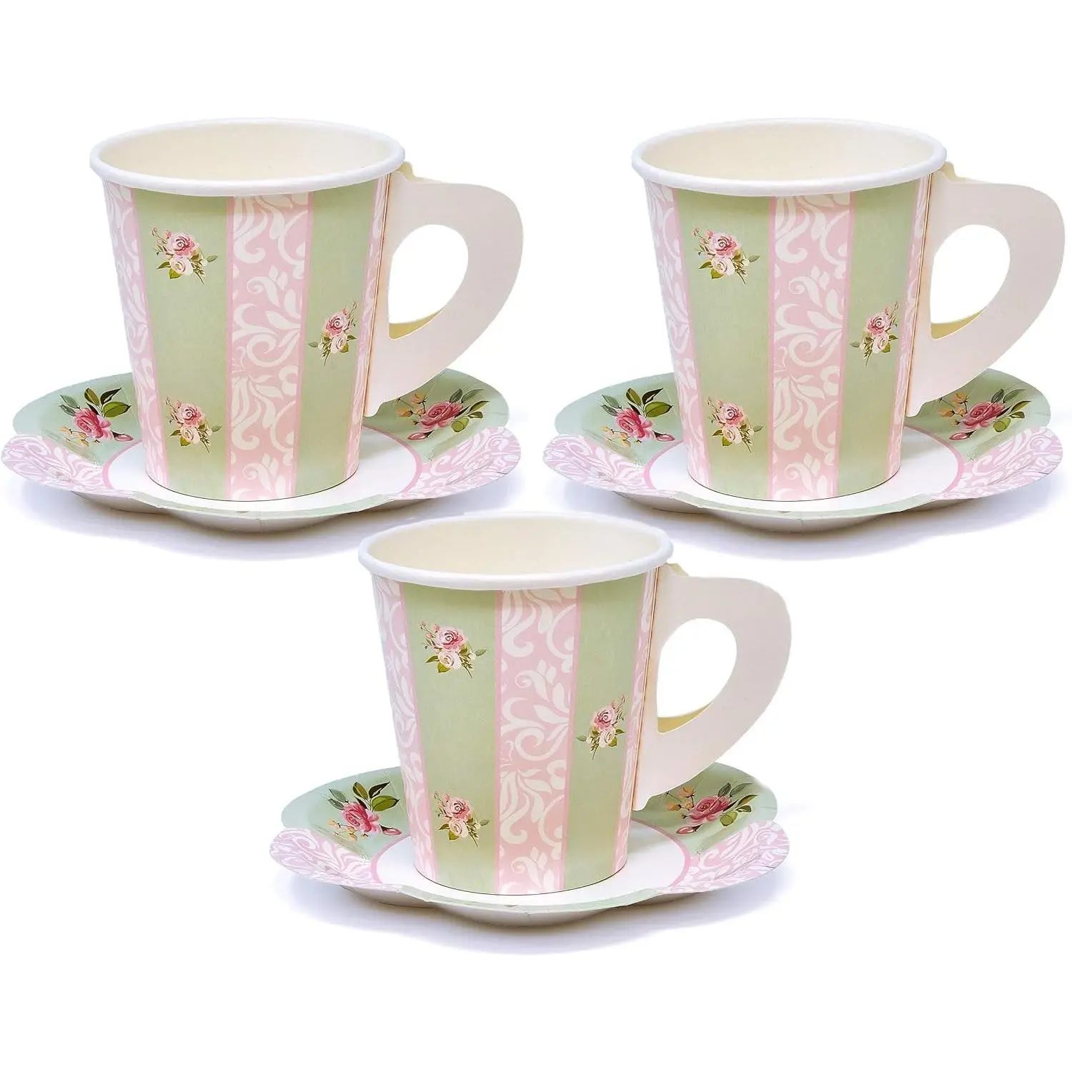 Disposable Floral Tea Party Paper Cups and Saucers Set with Handles, Serves 24