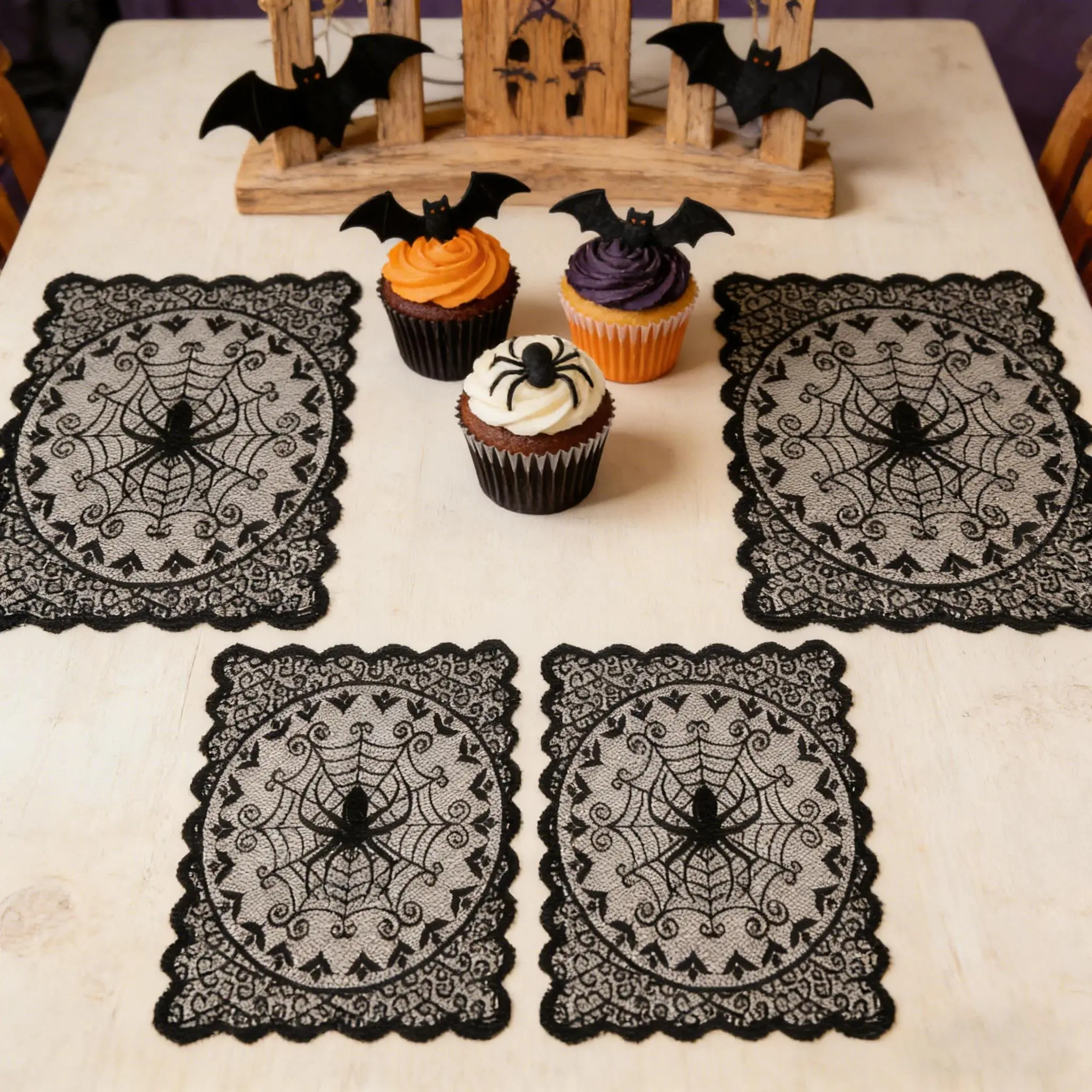 4-Pack Gothic Spider Placemats, Halloween Lace Table Mats with Scalloped Wave Edge, Dark Spooky Table Decor for Halloween Party, Dining Table, Dinner, Haunted House & Gothic Home