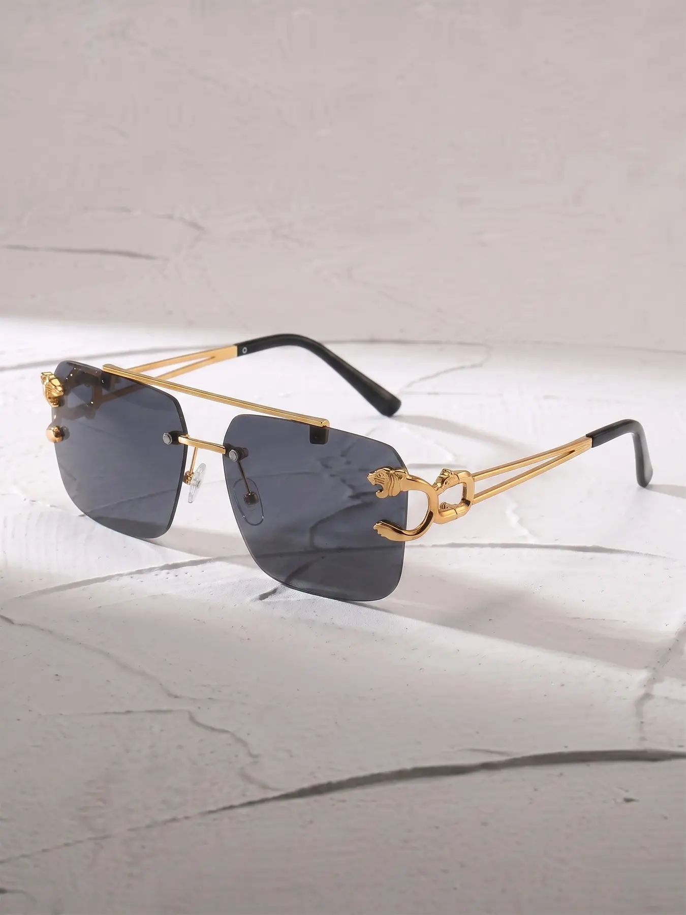 GIGULA Luxury Unisex Sunglasses, Unique Metal Leopard Head Temple Decor, Street Style Square Frame, Casual Plain Design, All-Season Wear