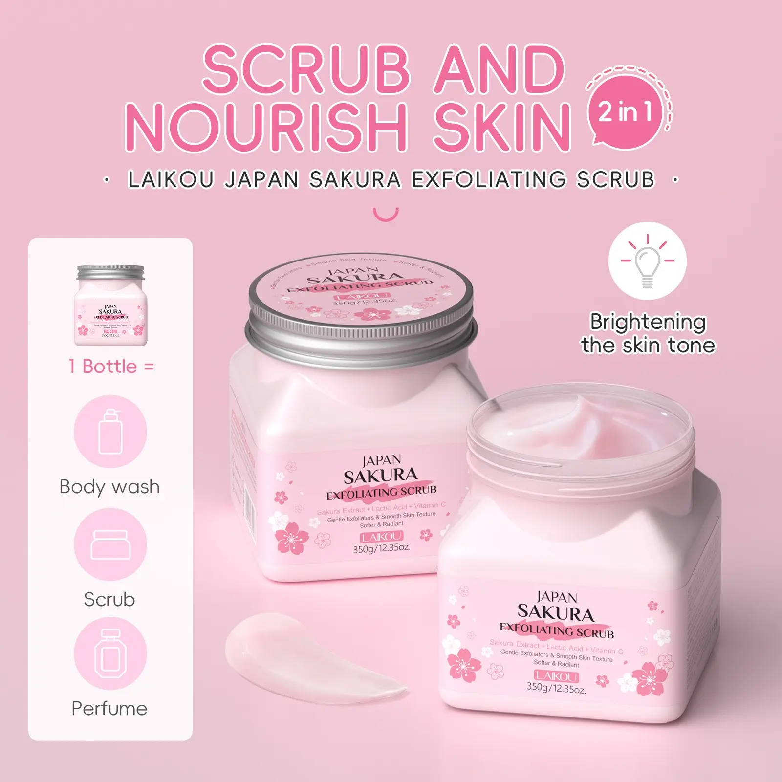 Cherry Blossom Body Scrub 350g , Japan Sakura Exfoliating Scrub with Silica Hydrate , Deeply Cleans Old Dead Skin , Softens & Brightens, Smooth Texture , At-Home Spa Treatment , Self Care Must Have