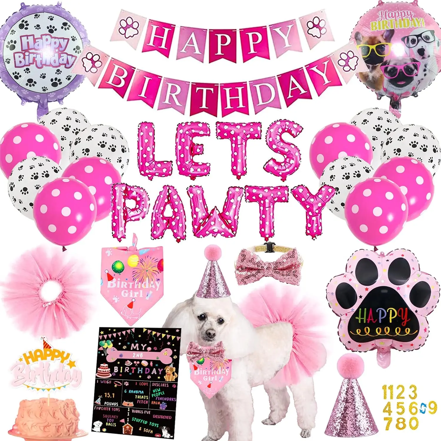 Party Supplies Decorations - Cute Bandana, Let's Pawty Banner, Cake Topper, Hat,  Bowtie, Tutu Skirt, Paw Balloon for Birthday Celebration