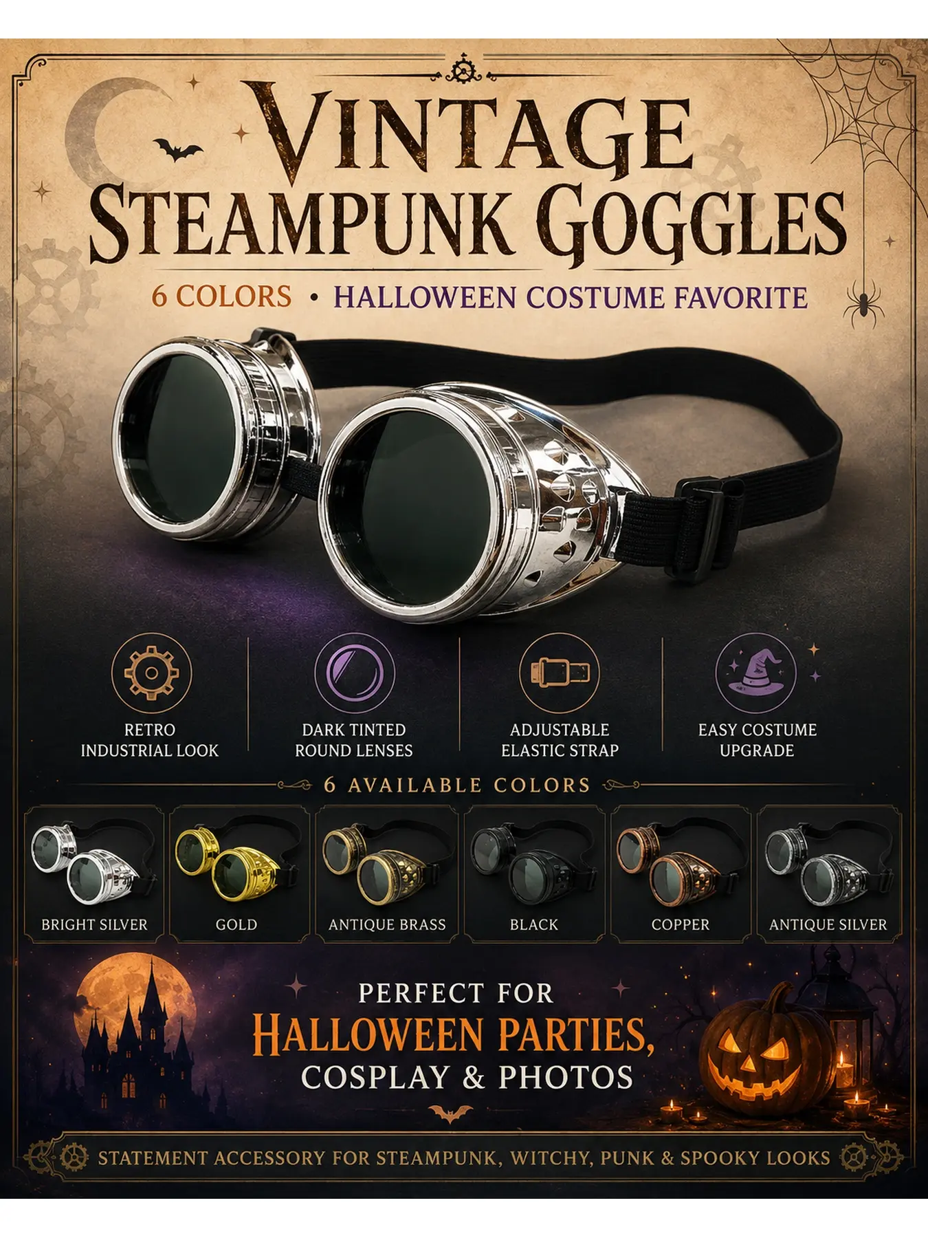Halloween Steampunk Goggles for Adults, Vintage Round Costume Glasses with Adjustable Elastic Strap, Retro Cosplay Accessory for Halloween Party, Mad Scientist, Gothic, Punk & Spooky Costumes