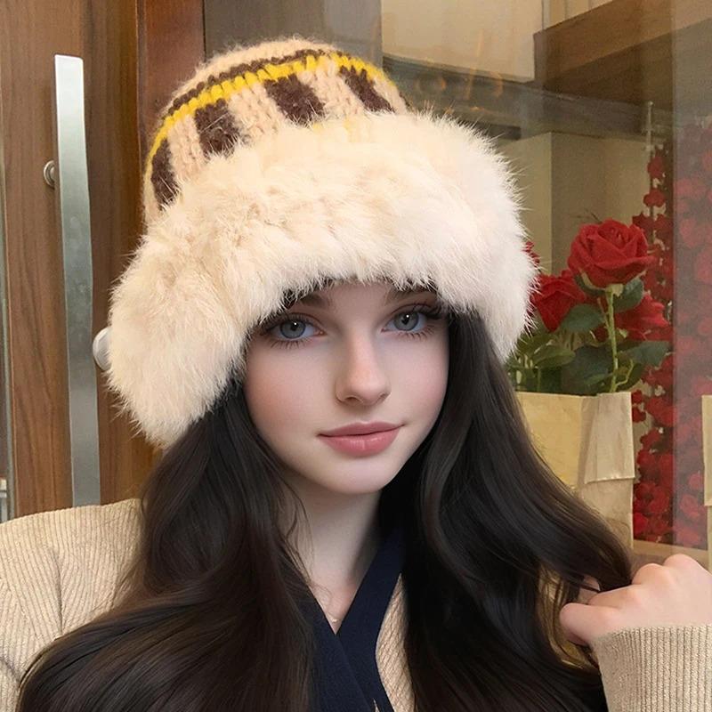 Winter Rabbit Fur Plush Handmade Knitted Hat for Women Men Outdoor Ear Protection Soft Warm Beanie Y2k Streetwear Knitted Hats