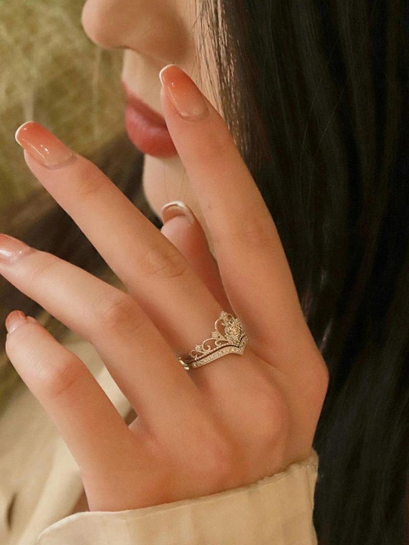 Proposal 2pcs/set Minimalist Elegant Plain Rhinestone Decor Crown Design Engagement Rings, Fashion Wishbone Ring Matching Rings Accessories for Women & Girls, Valentine's Day, Gift