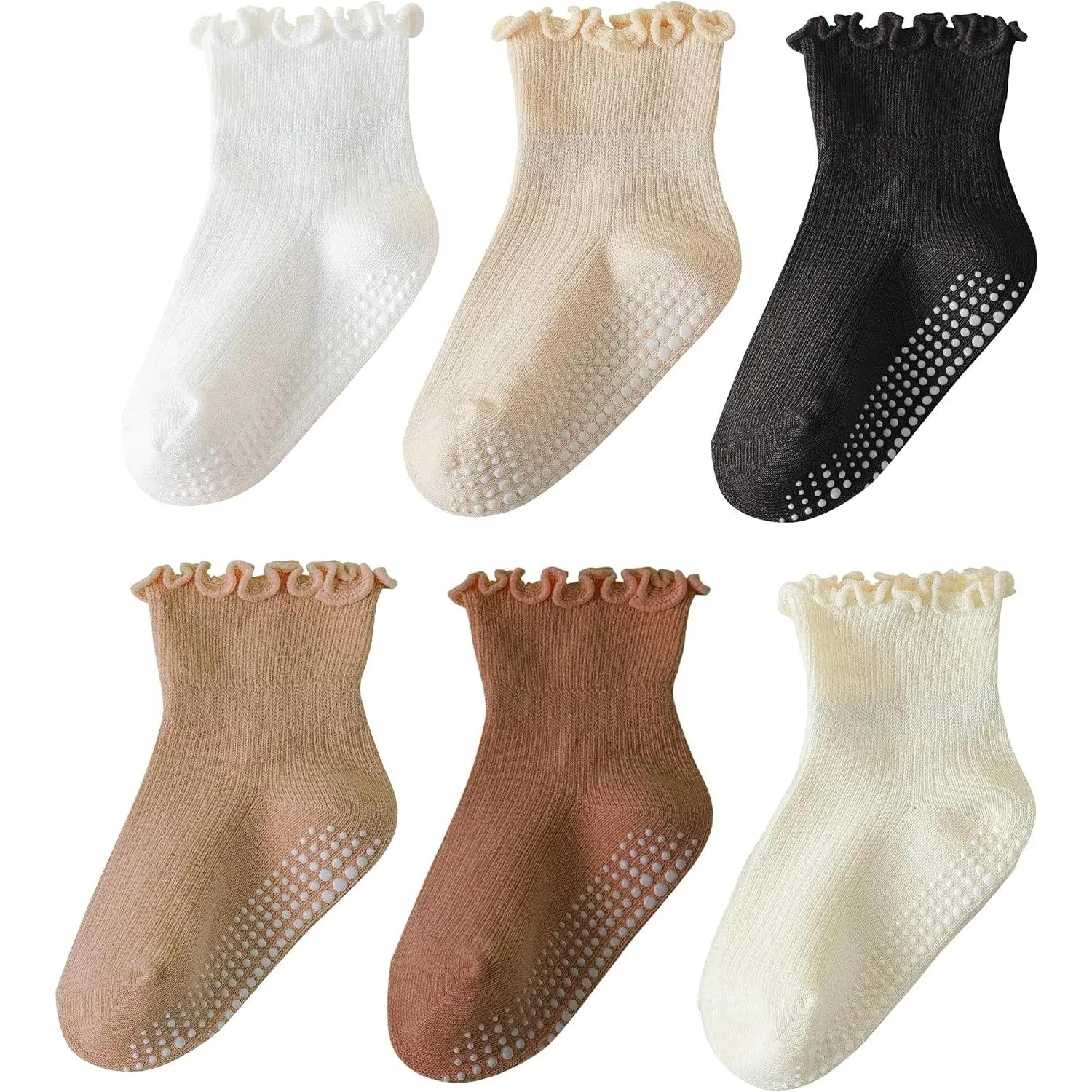 6 Pairs Toddler Girl Baby All-Seasons Sock Sets, Ruffle Frilly Bow Non-Slip Grip Socks for 0-12 Months Daily Wear