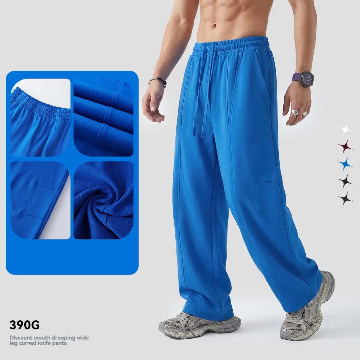 Men's 390G Heavyweight Terry Fleece Cotton Blend Baggy Joggers - Full-Length Curved Wide-Leg Pants with Elastic Drawstring Waist, Machine-Washable Casual Streetwear Bottoms for Outdoor Sports   sweat pants  pocket