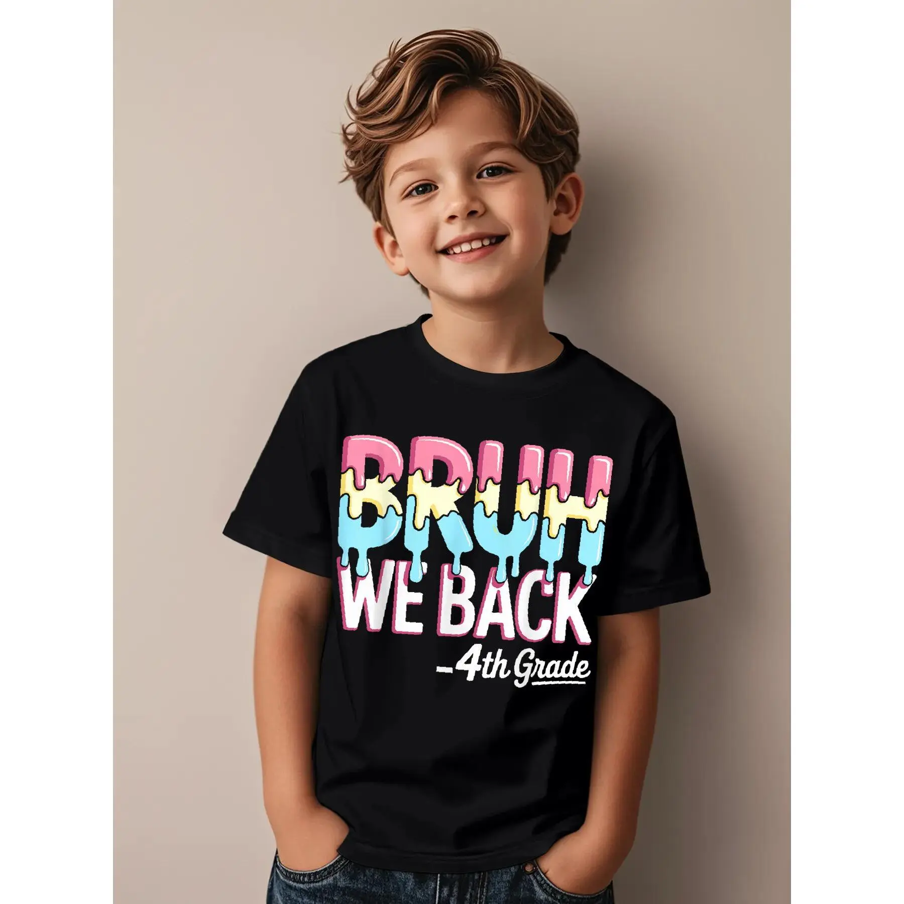 Boys' "Bruh We Back" 4th Grade 1st Day Ice Cream Drip Funny Aesthetic Graphic T-Shirt, Crew Neck Short Sleeves Regular Fit All Season Streetwear Top