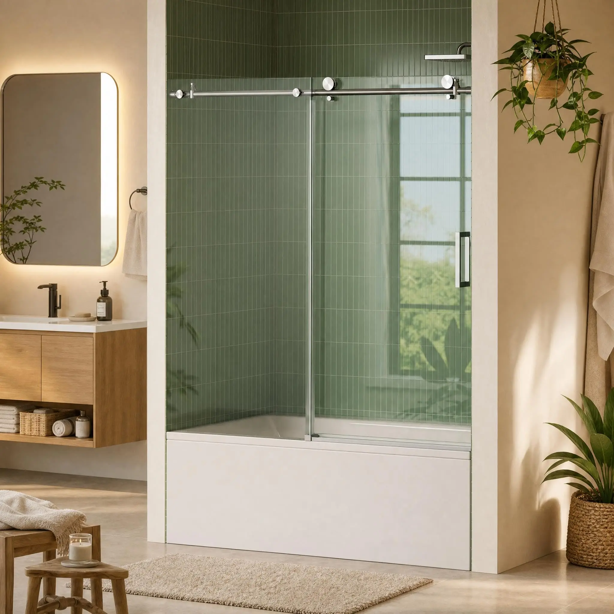 Garvee Bathtub Shower Door, 59" Wide x 60" High Sliding Door with 8mm Tempered Glass & Easy-Clean Coating, Brushed Stainless Steel Top Rail, One Fixed One Sliding Panel