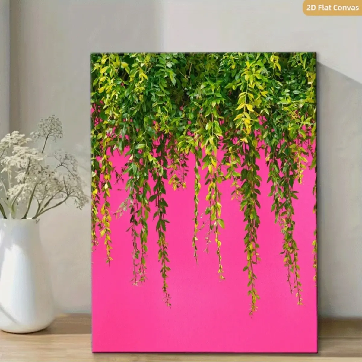 2D Print 1 Piece Hot Pink Tropical Plant Wall Art, Framed Poster featuring vintage modern jungle leaf and palm plant patterns, paired with a pink wrap-around canvas frame. Perfect for living room, bedroom, and office interior decoration